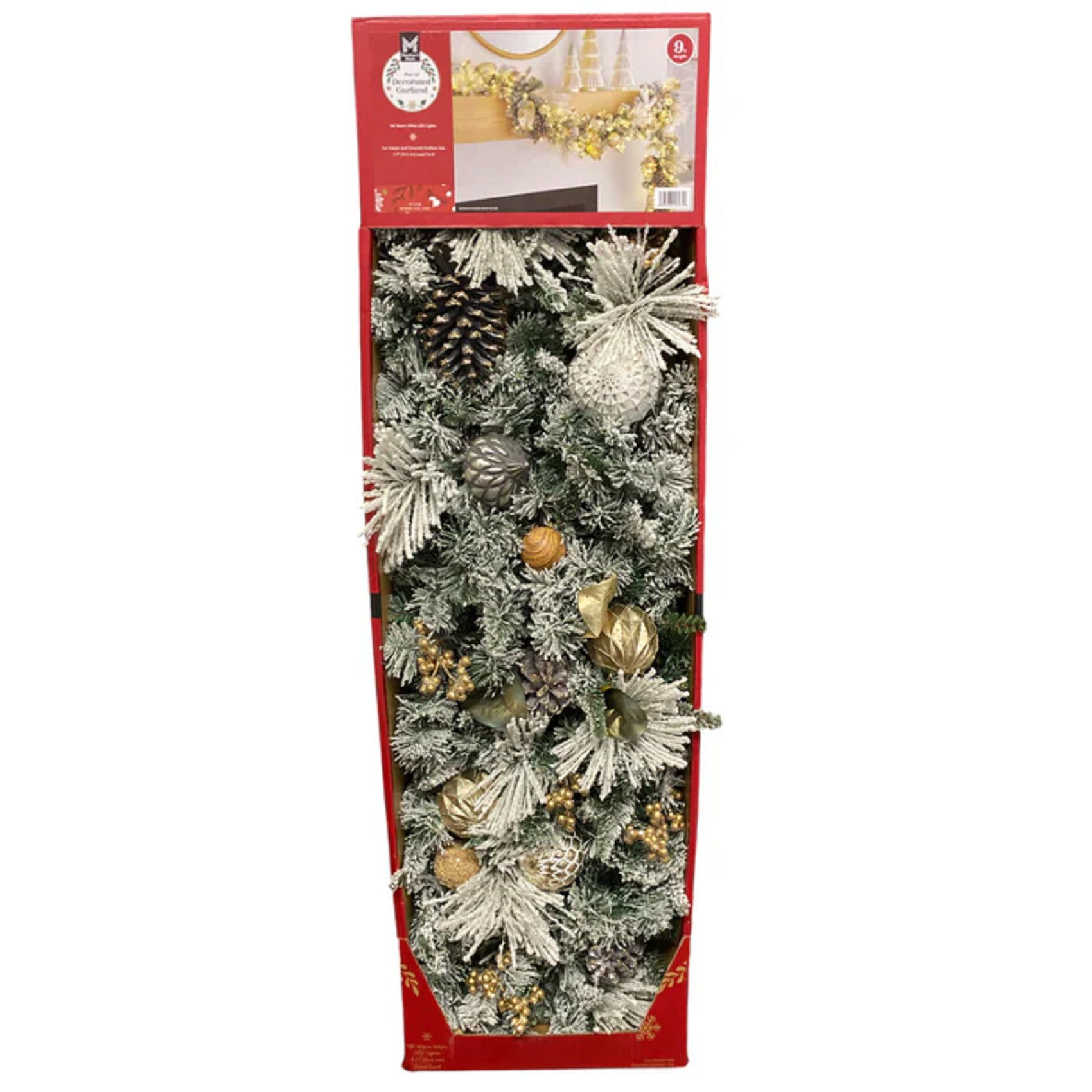 SM120331GAF 140 Warm White LED Pre-Lit Decorated & Flocked Garland, 9ft