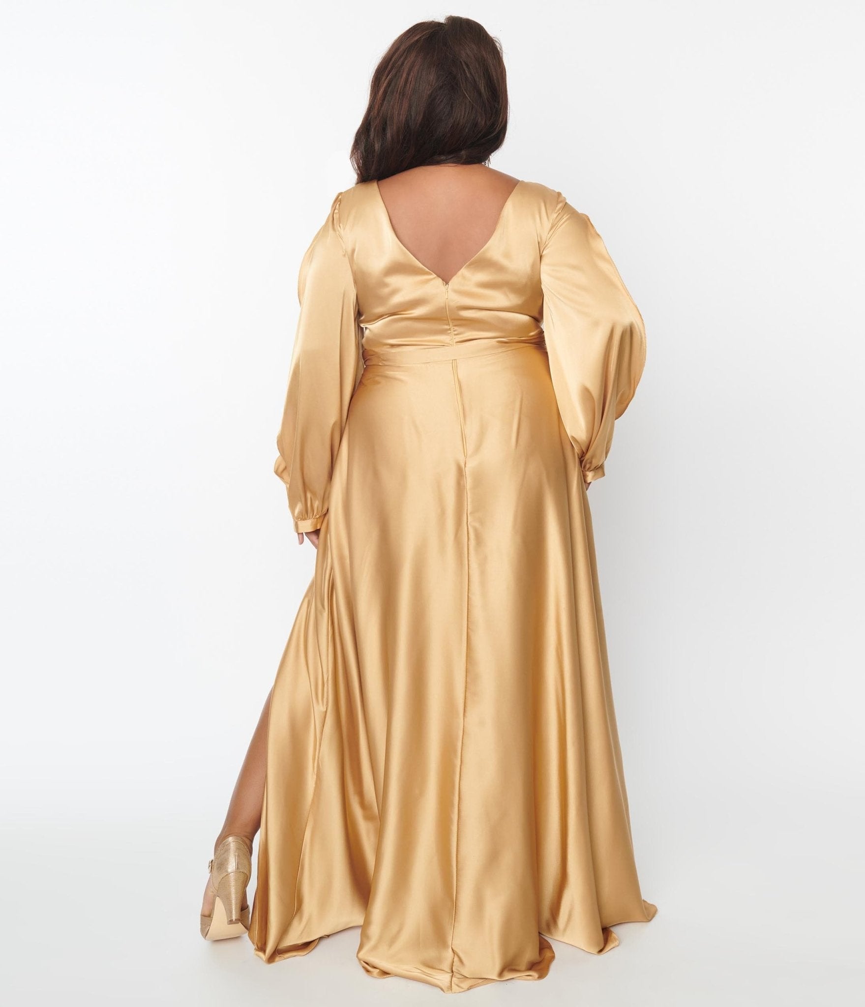 Plus Size Gold Satin Long Sleeve Goddess Gown