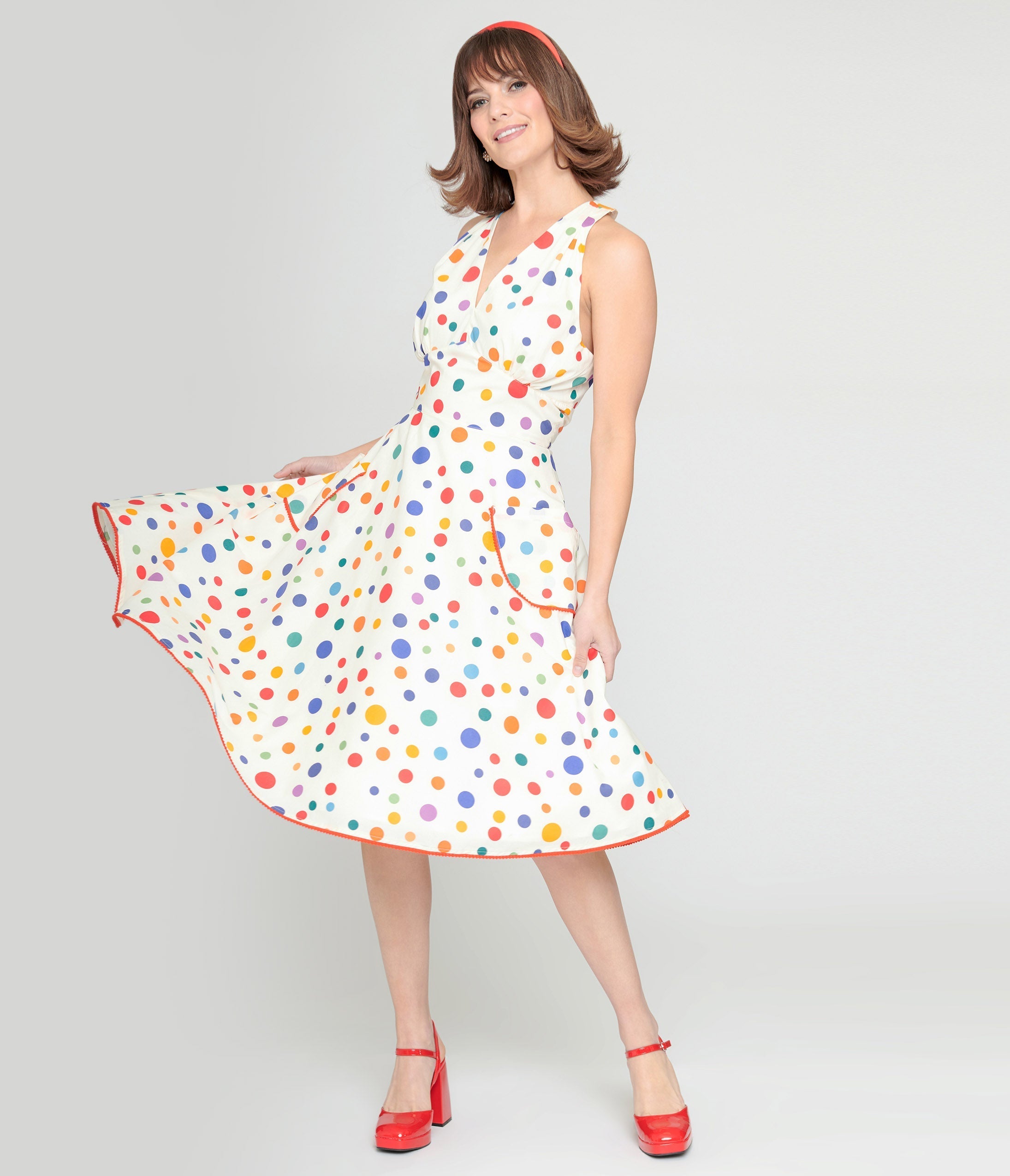 Unique Vintage 1950s Rainbow Polka Dot Cotton Halter Swing Dress