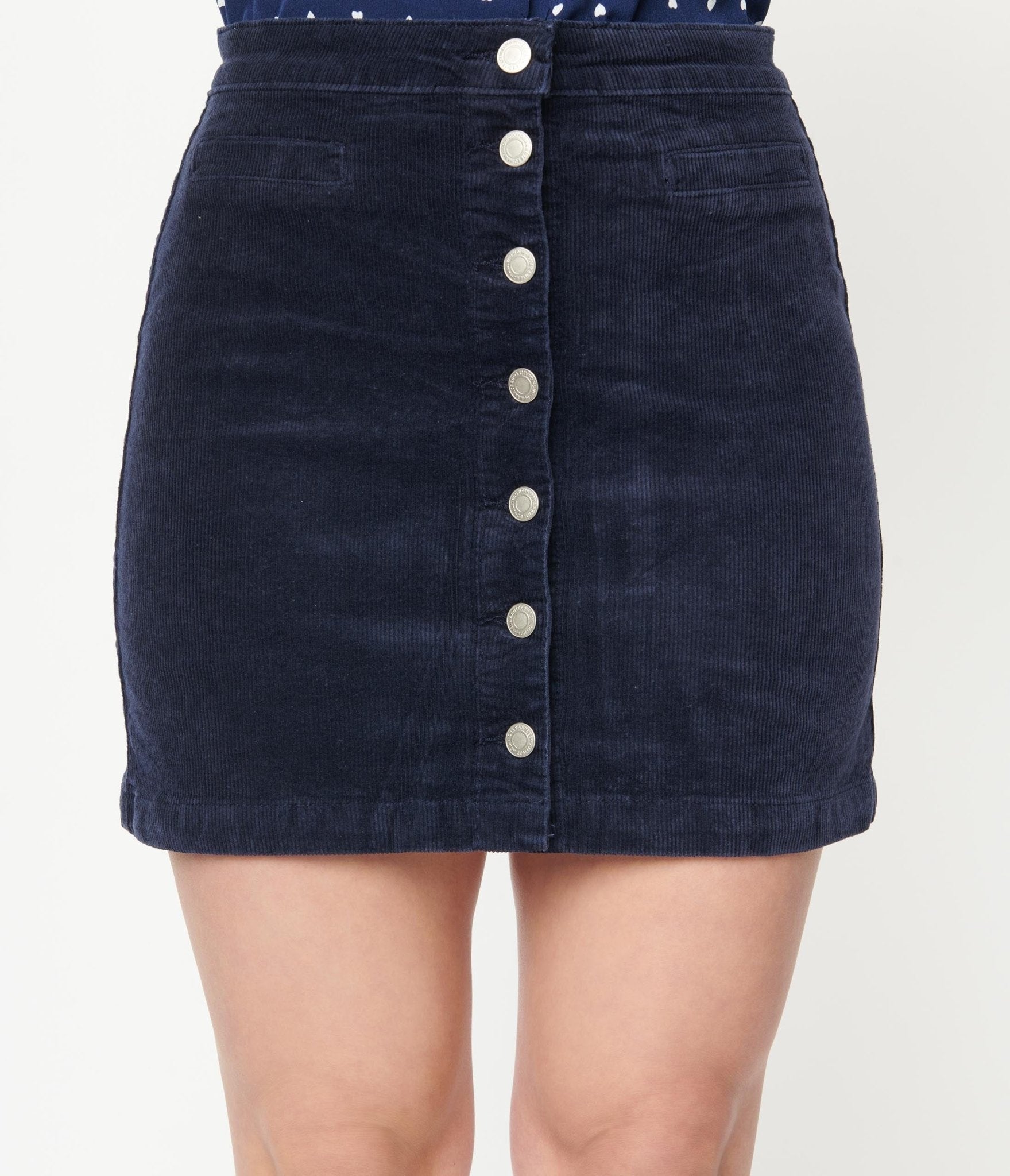 Navy Corduroy Button Up Mini Skirt