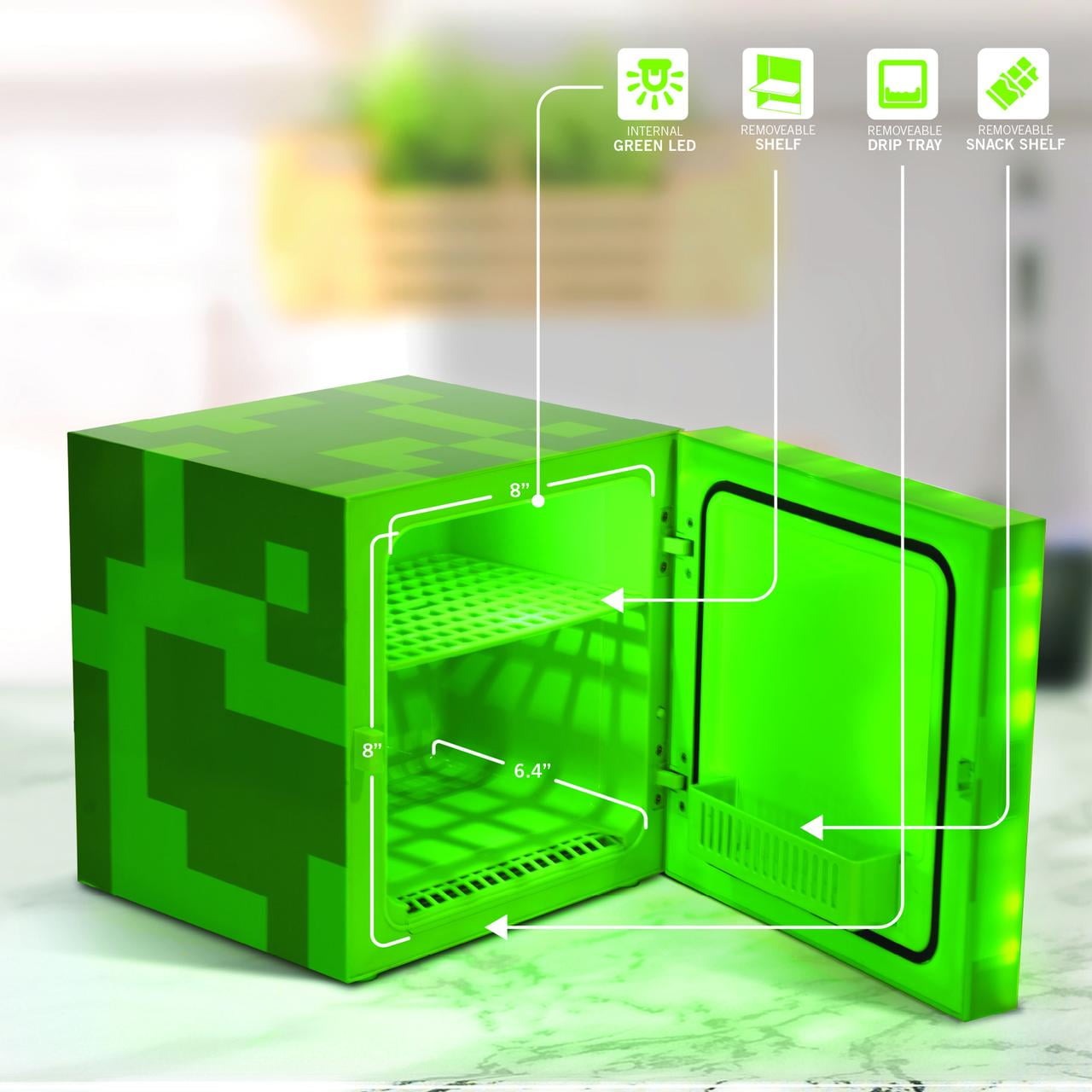 Ukonic 17923 Minecraft Green Creeper 9 Can Mini Fridge, 6.7L 1 Door Ambient Lighting