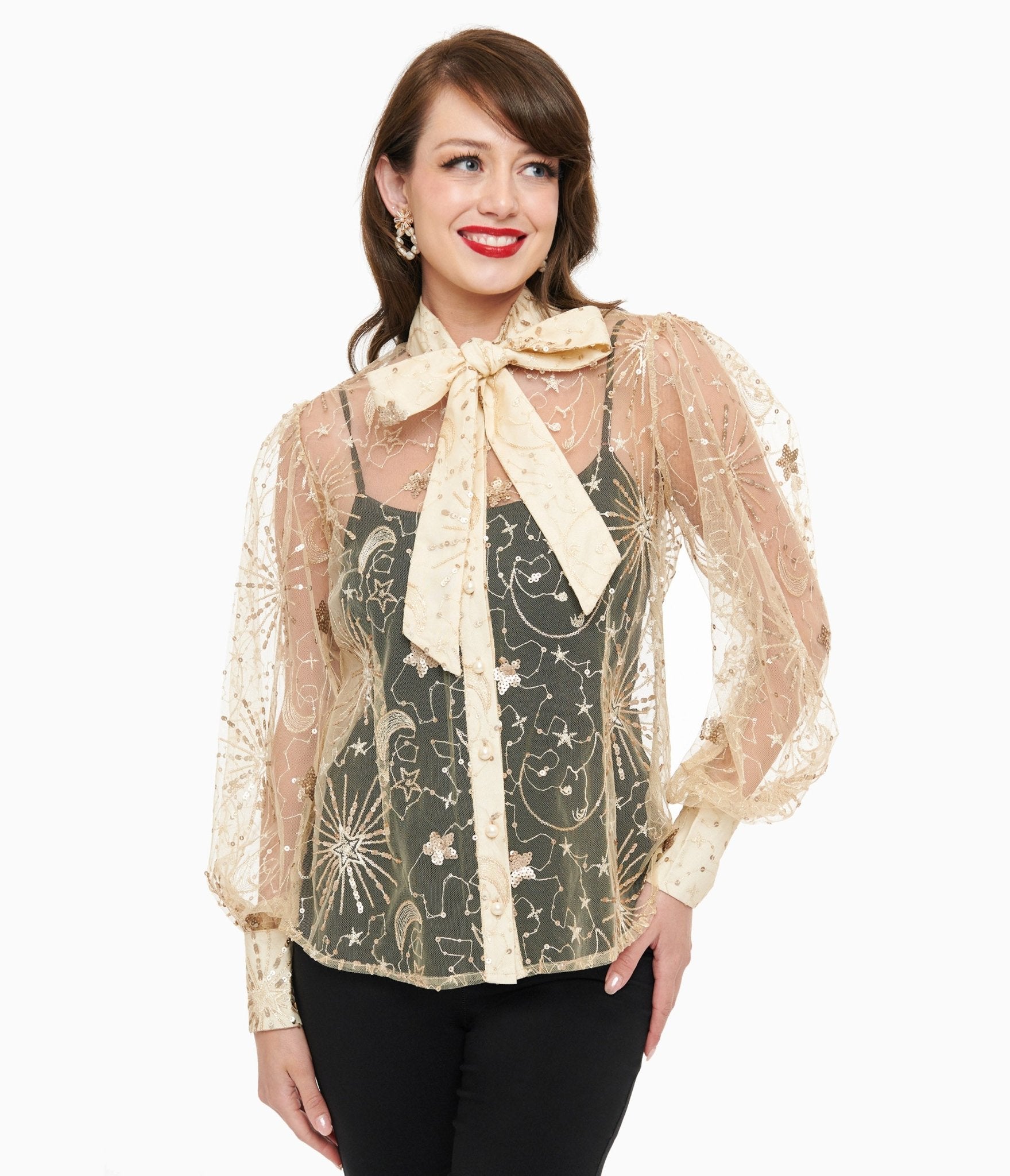 Unique Vintage Champagne Celestial Sequin Sheer Gwen Blouse