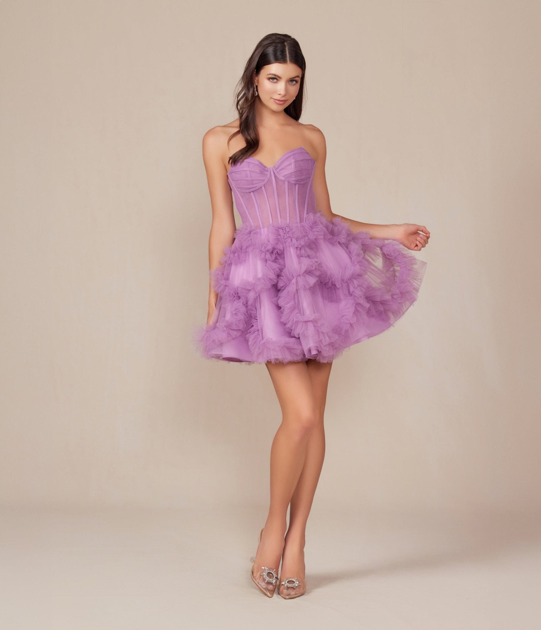 Dusty Lavender Ruffled Strapless A-Line Prom Dress