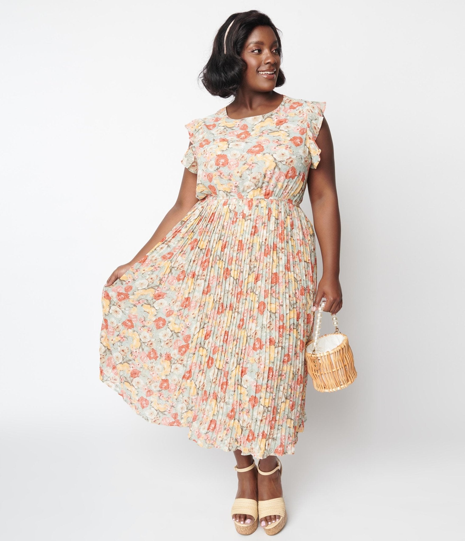 Sage Floral Pleated Midi Dress