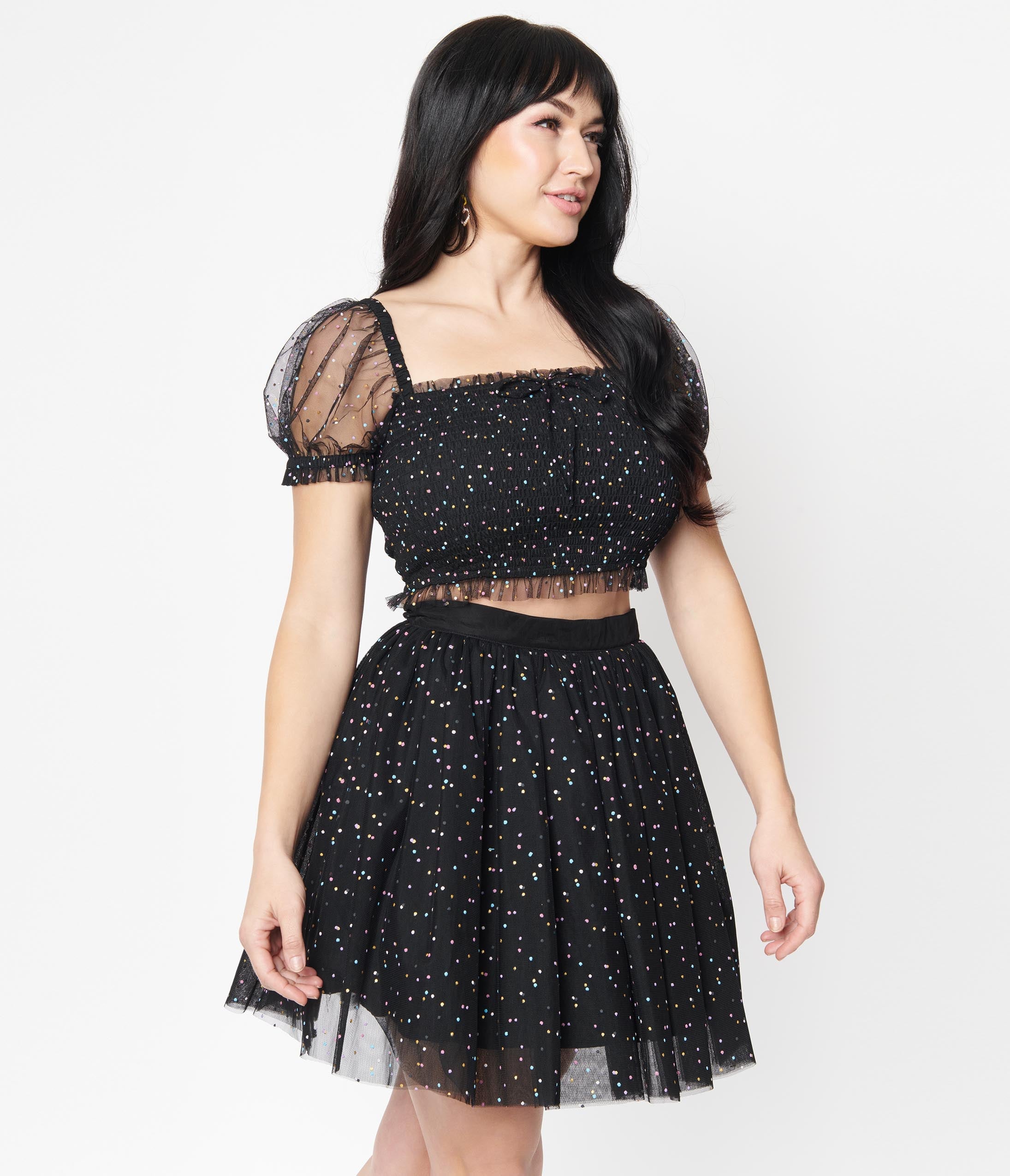 Unique Vintage Black & Multicolor Dots Sweetie Pie Flare Skirt