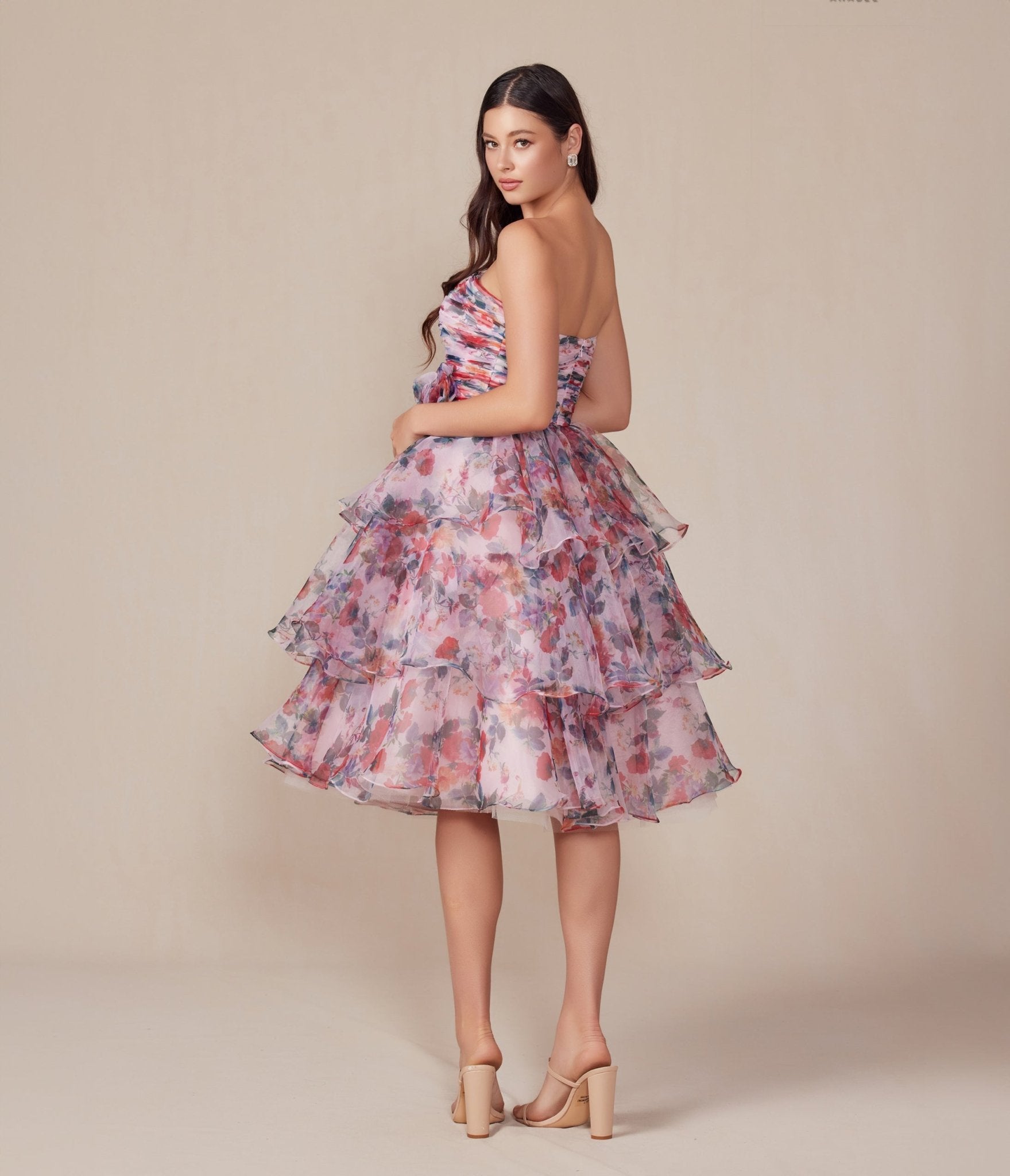 Blush Floral Print Short A-Line Strapless Prom Dress