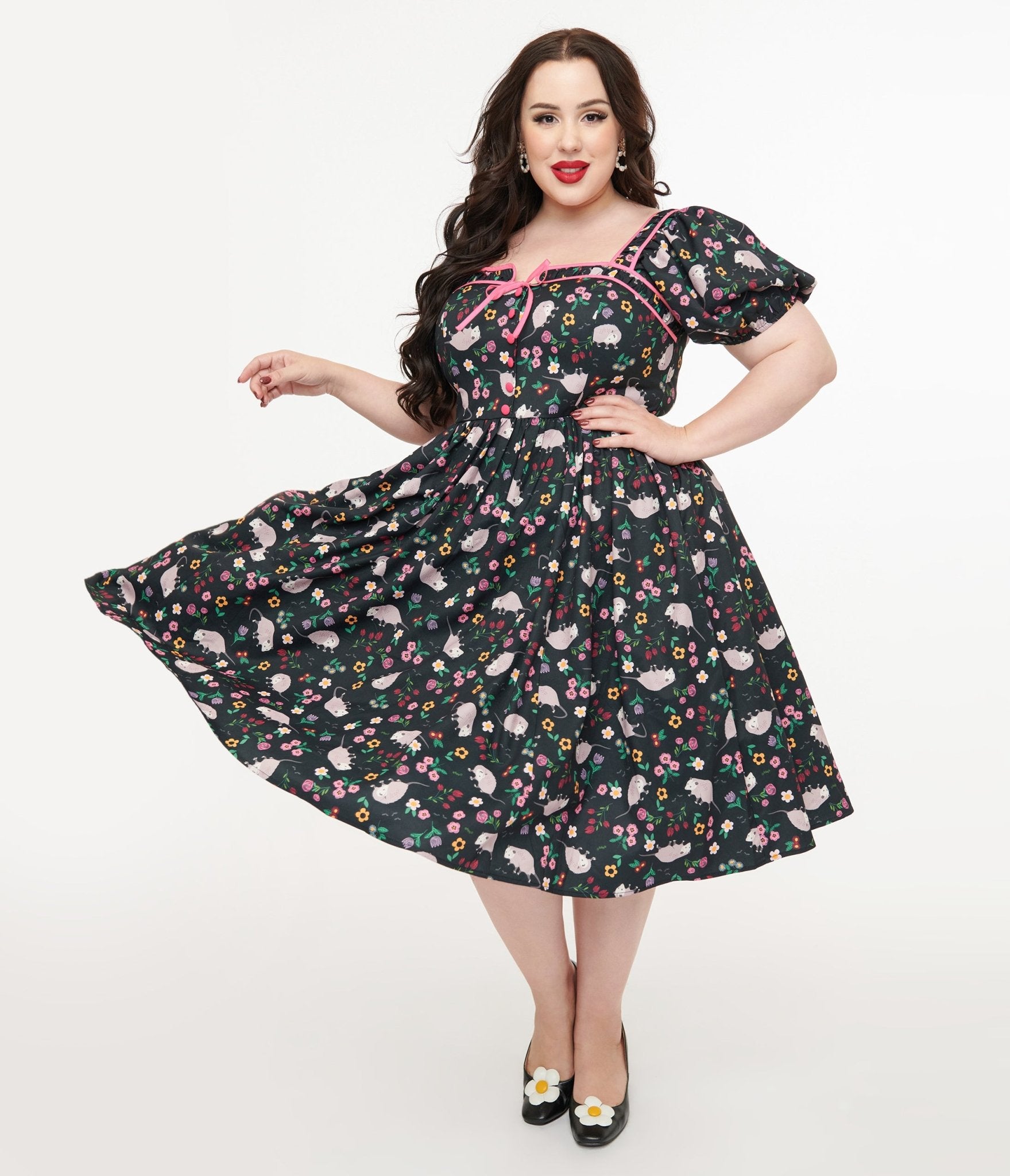 Unique Vintage Plus Size 1940s Black & Pink Awesome Possum Button Front Swing Dress