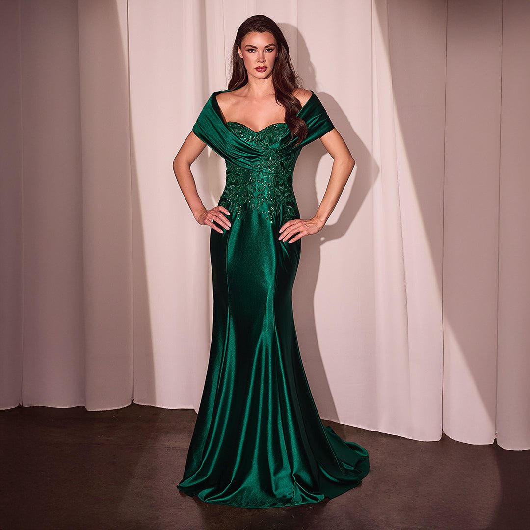 Ladivine by Cinderella Divine Emerald Satin Off Shoulder Mermaid Prom Dress