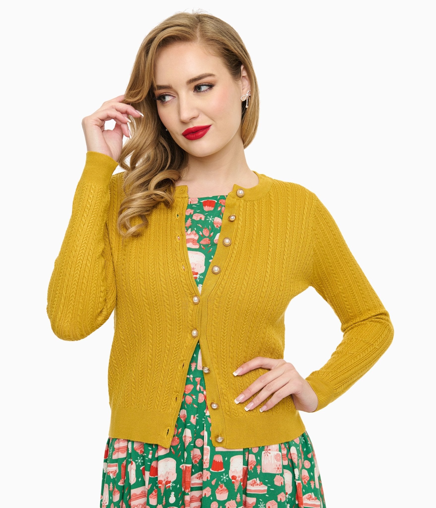 Voodoo Vixen 1950s Mustard Yellow Textured Cardigan