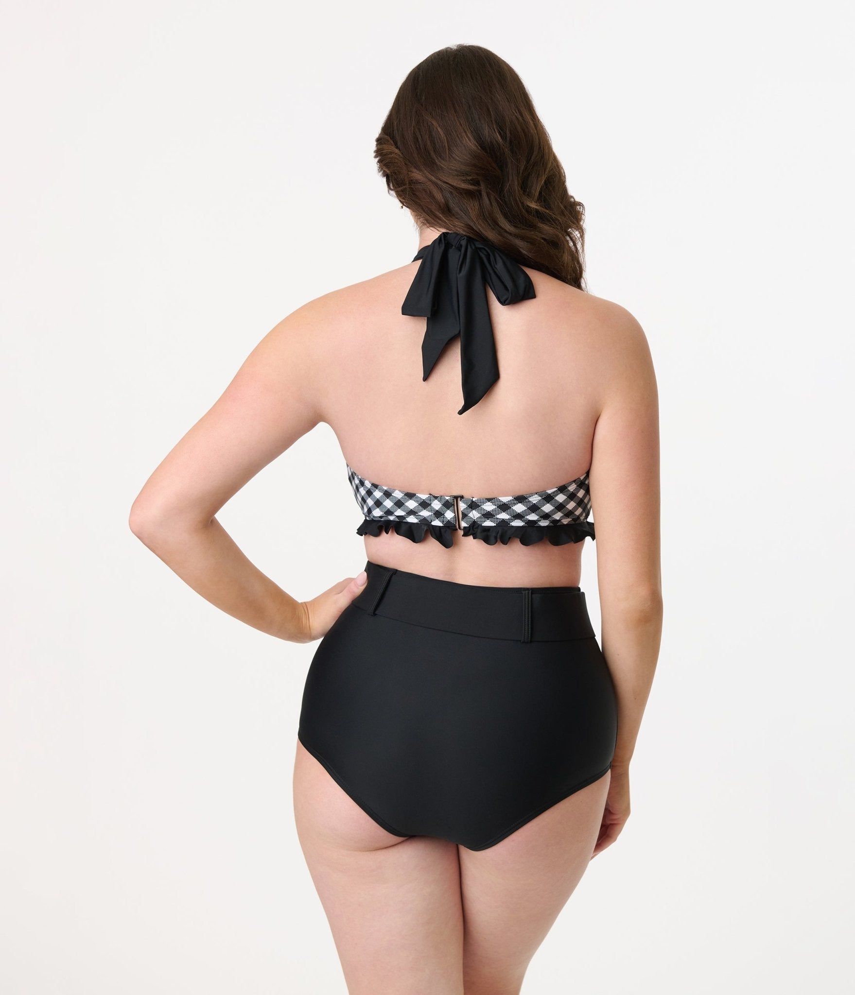 Unique Vintage Black High Waist Belted Swim Bottom