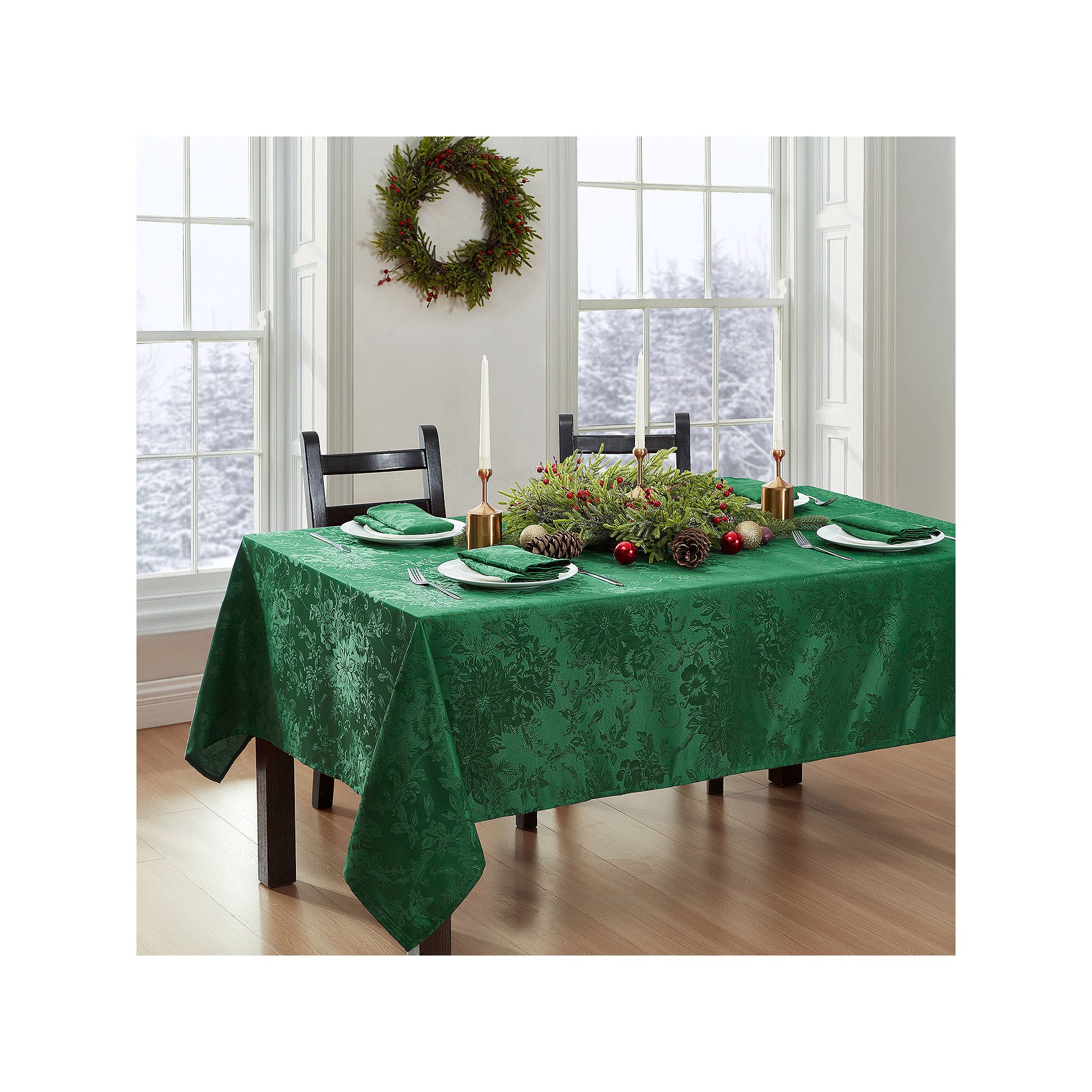 Elrene Home Fashions Poinsettia Elegance Tablecloth - GREEN ONE SIZE