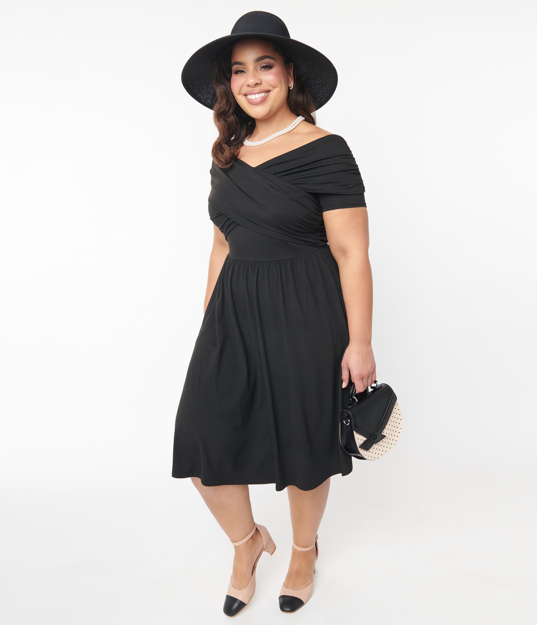 Unique Vintage Curve Black Shirred Swing Dress