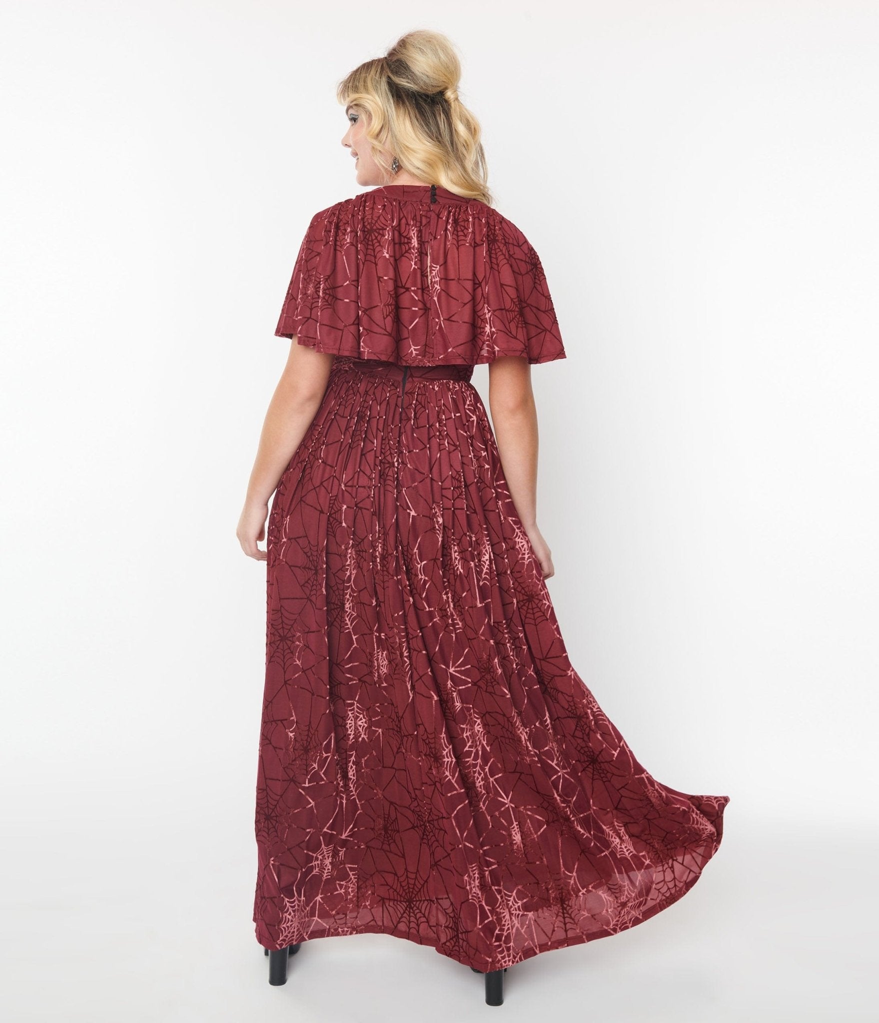 Smak Parlour 1970s Burgundy & Velvet Spiderweb Cape Maxi Dress