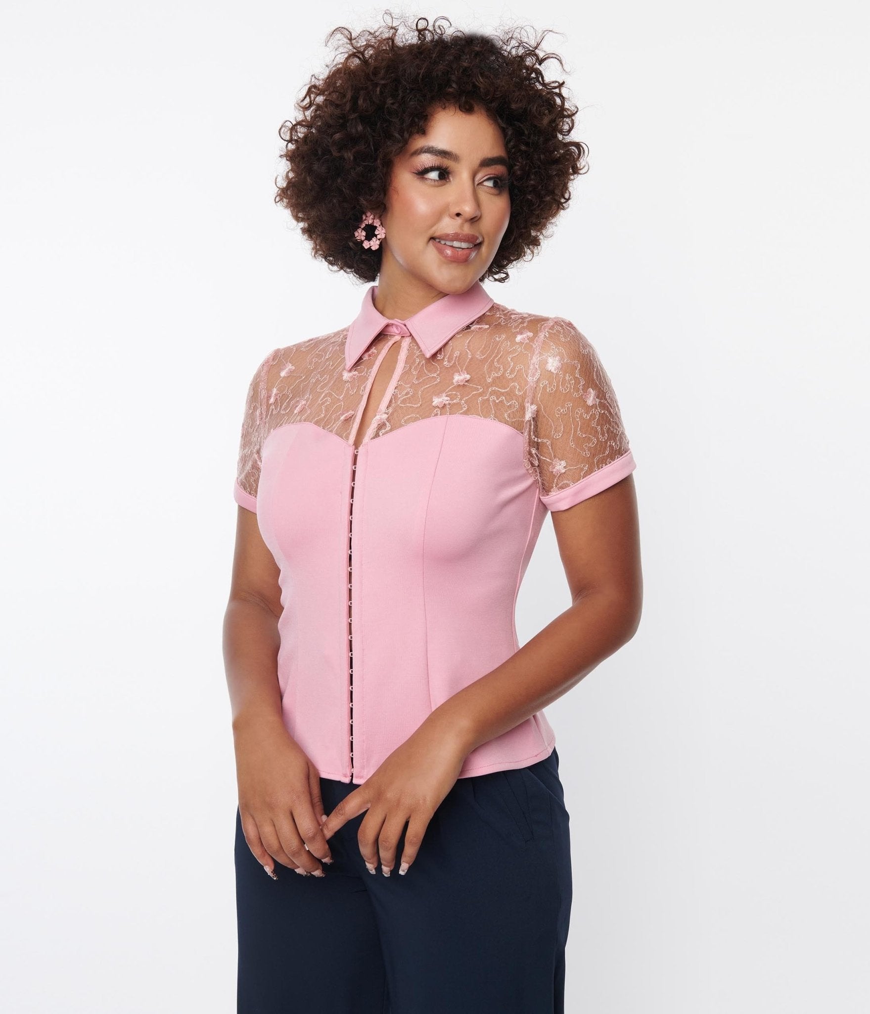 Unique Vintage Light Pink & Floral Mesh Sweetheart Top