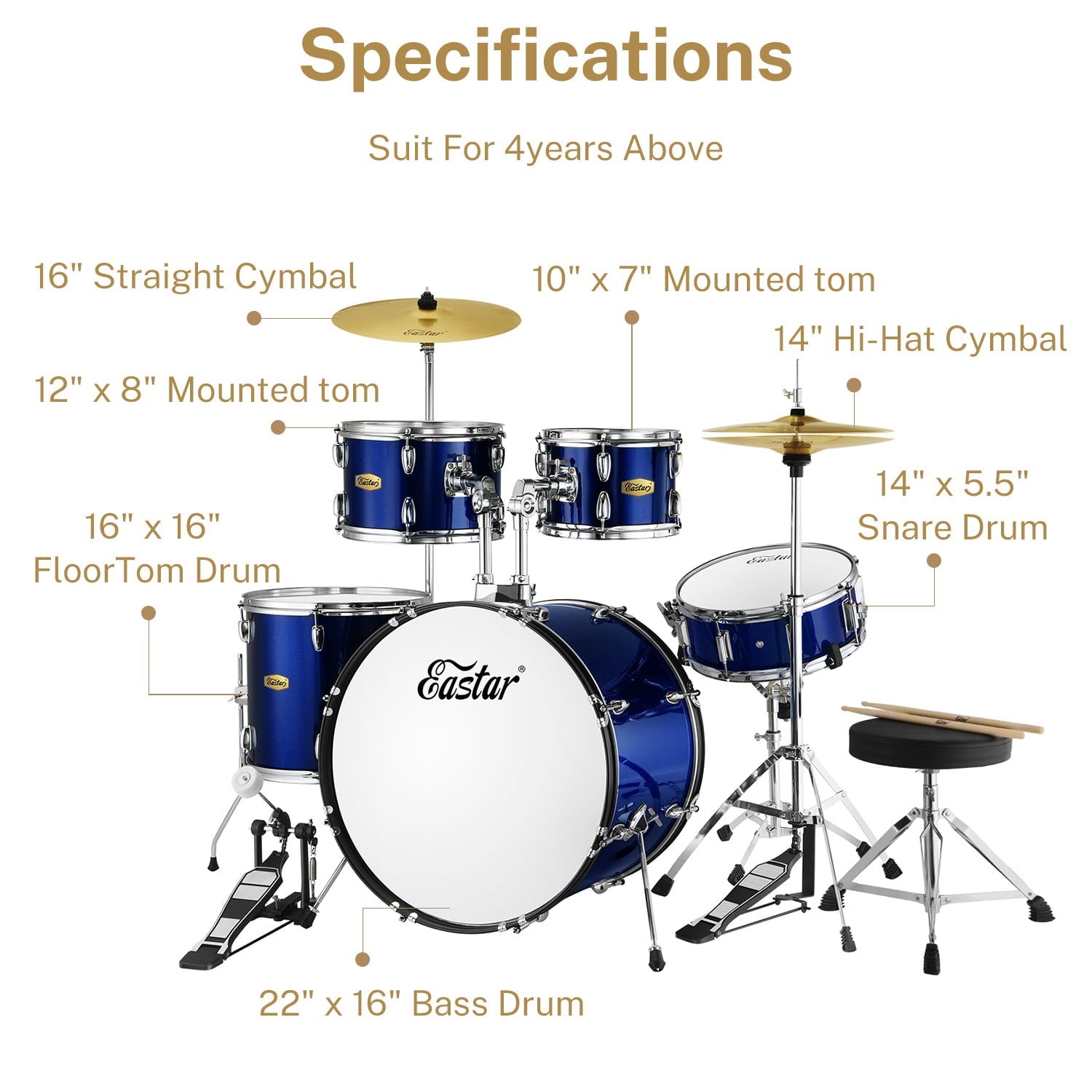 Eastar EDS-485B 22 Drum Set Kit Full Size 5 Piece w/Cymbals Stands Stool & Sticks, Metallic Blue