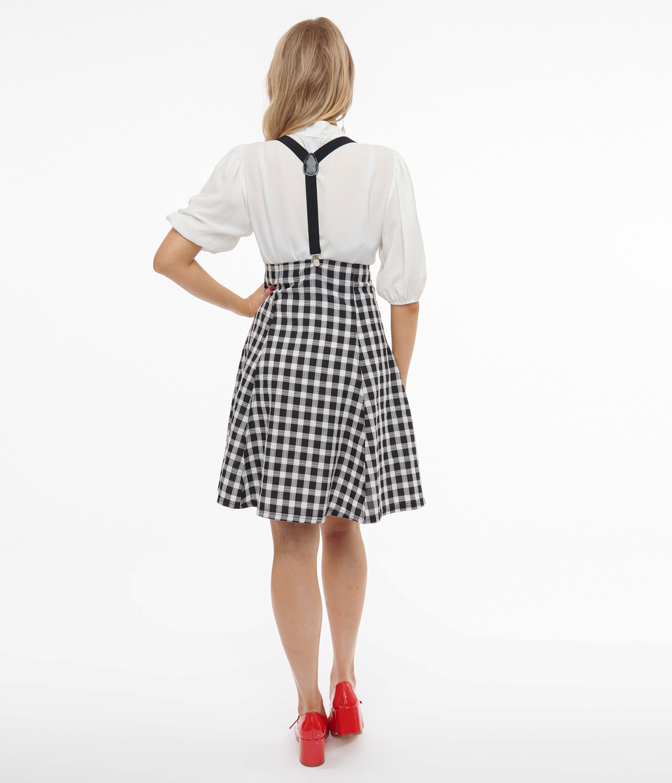 Unique Vintage 1950s Black & White Gingham Suspender Flare Skirt