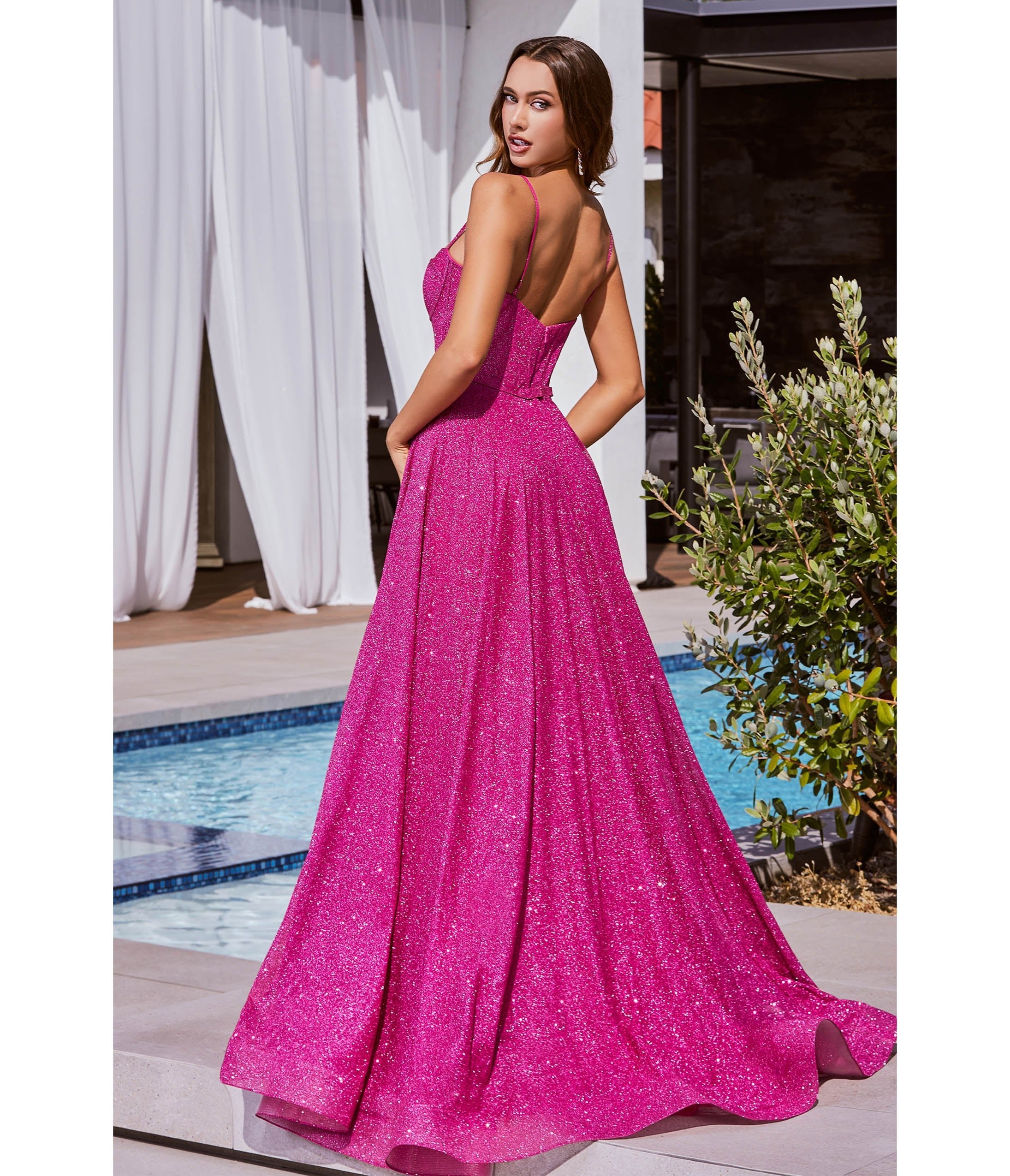 Ladivine by Cinderella Divine Fuchsia Glitter Strapless Prom Gown