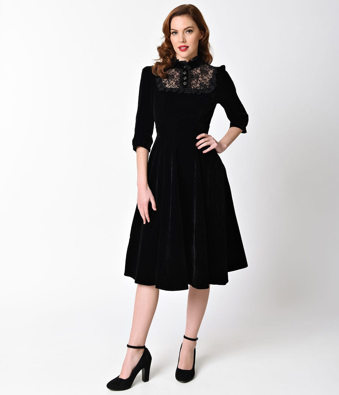 1940s Style Black Velvet & Lace Nightshade Half Sleeve Swing Dress