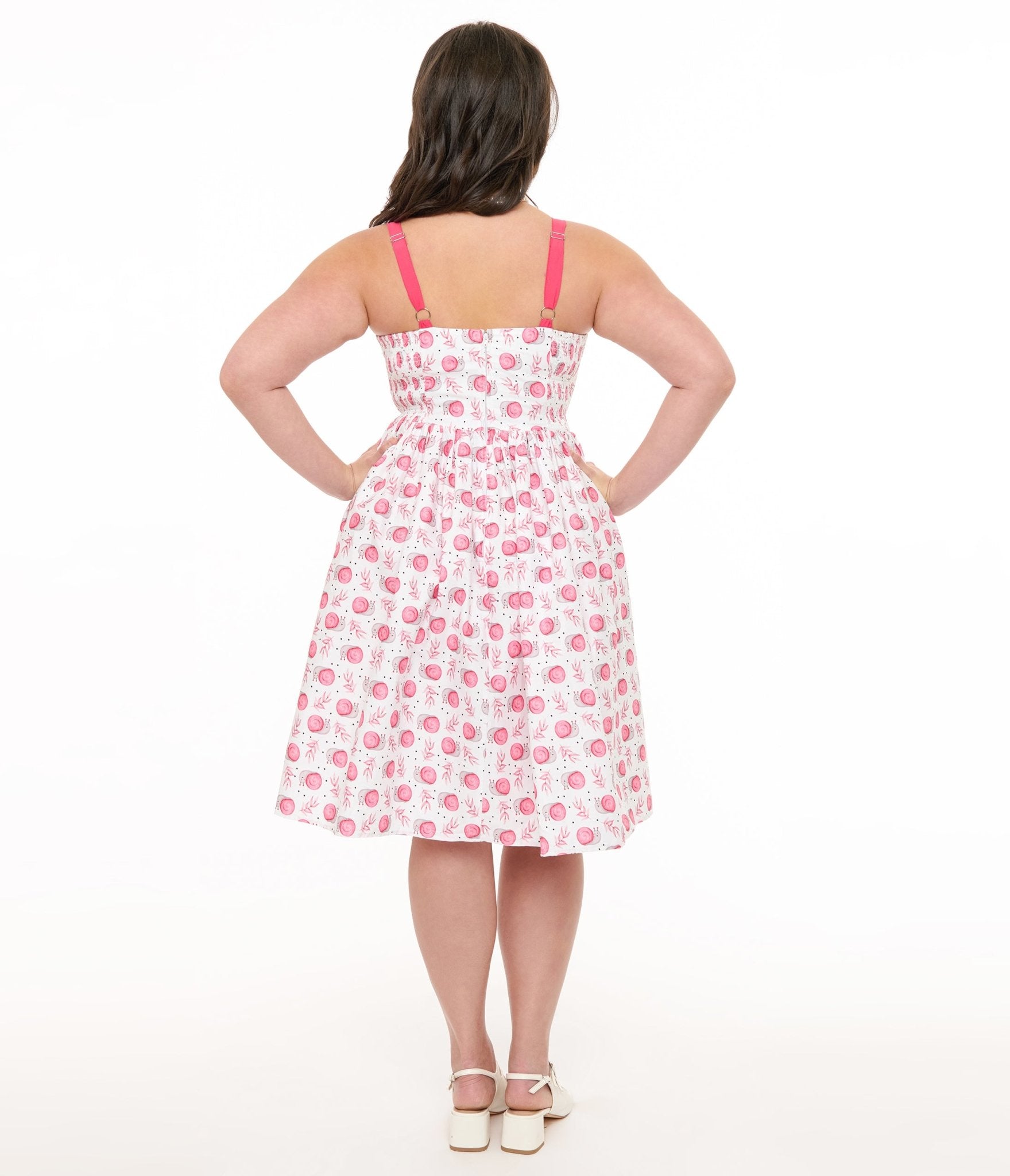 Unique Vintage Plus Size 1950s White & Pink Snail Cotton Swing Dress