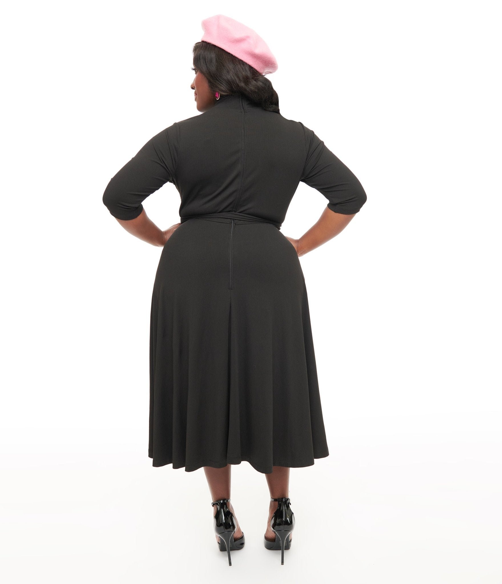 Unique Vintage Plus Size 1950s Black Turtleneck Midi Dress