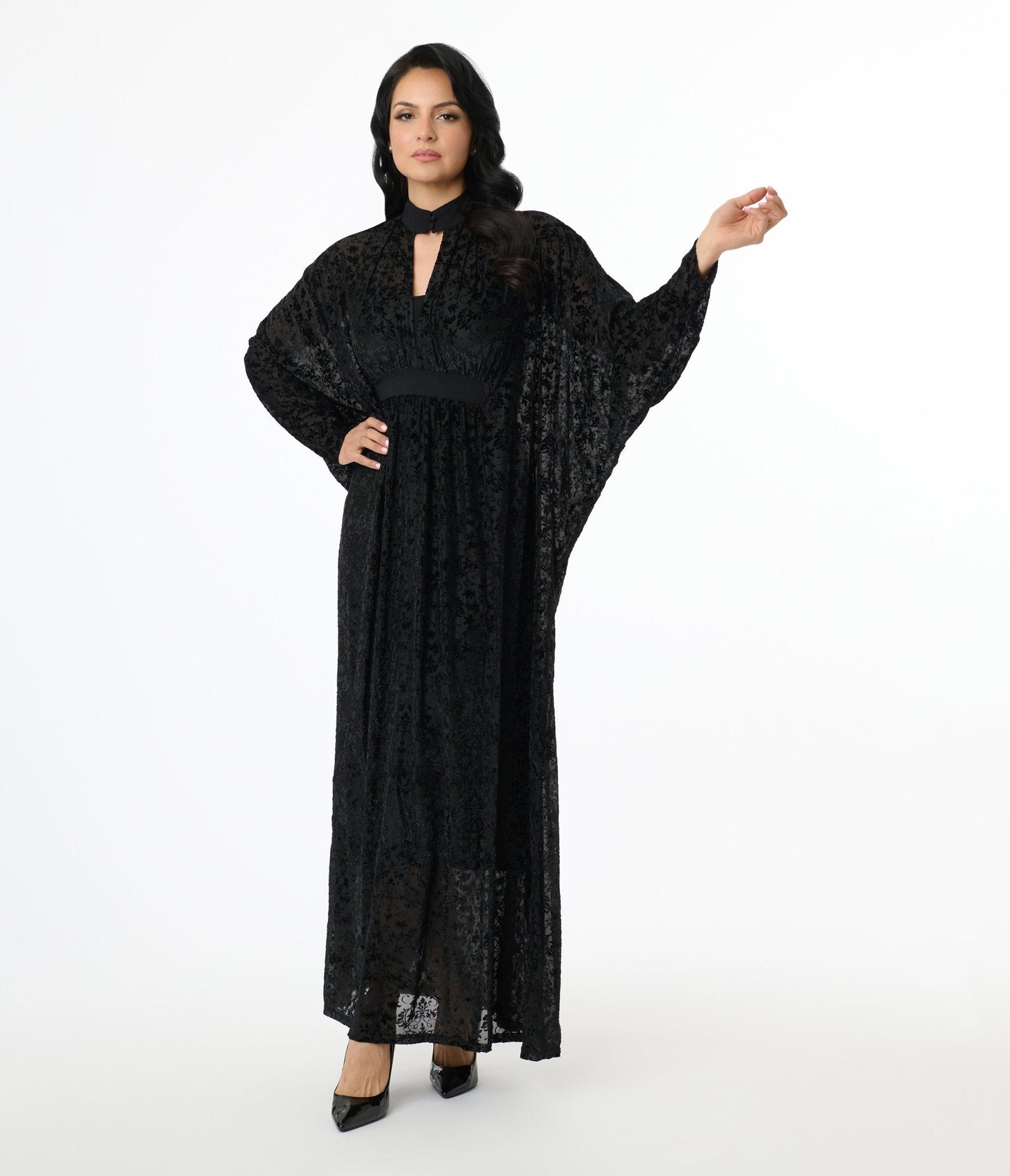 Unique Vintage 1970s Black Floral Burnout Mesh High Neck Caftan