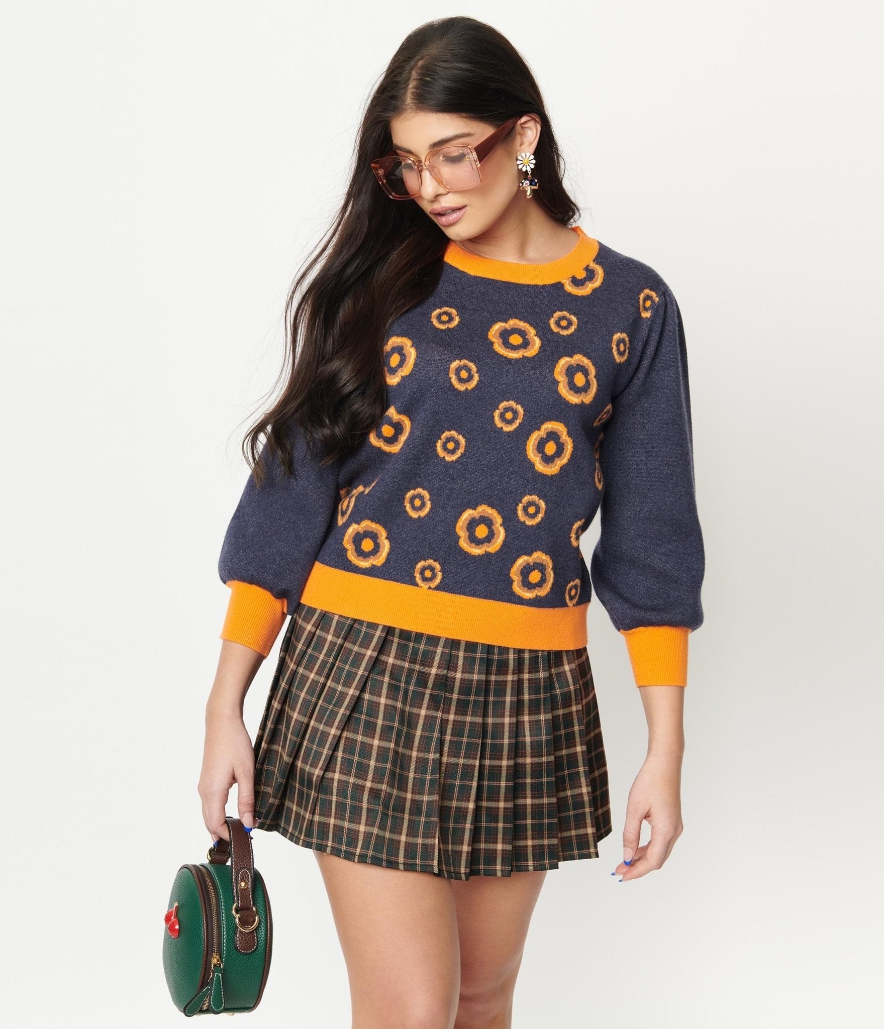 Retro Dark Blue & Orange Floral Sid Sweater