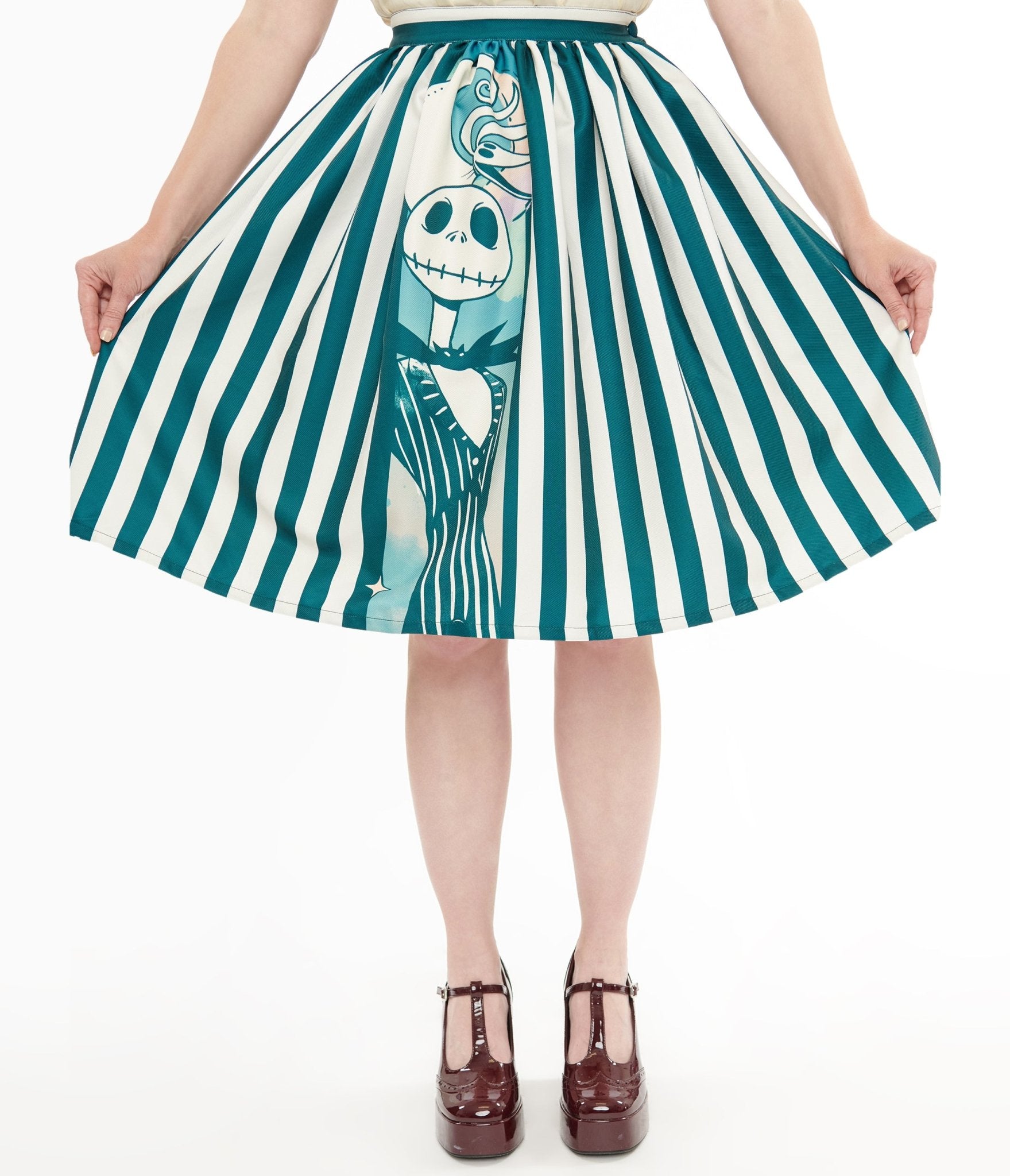 Tim Burton's The Nightmare Before Christmas by Unique Vintage Teal & White Striped Jack Skellington Gellar Swing Skirt