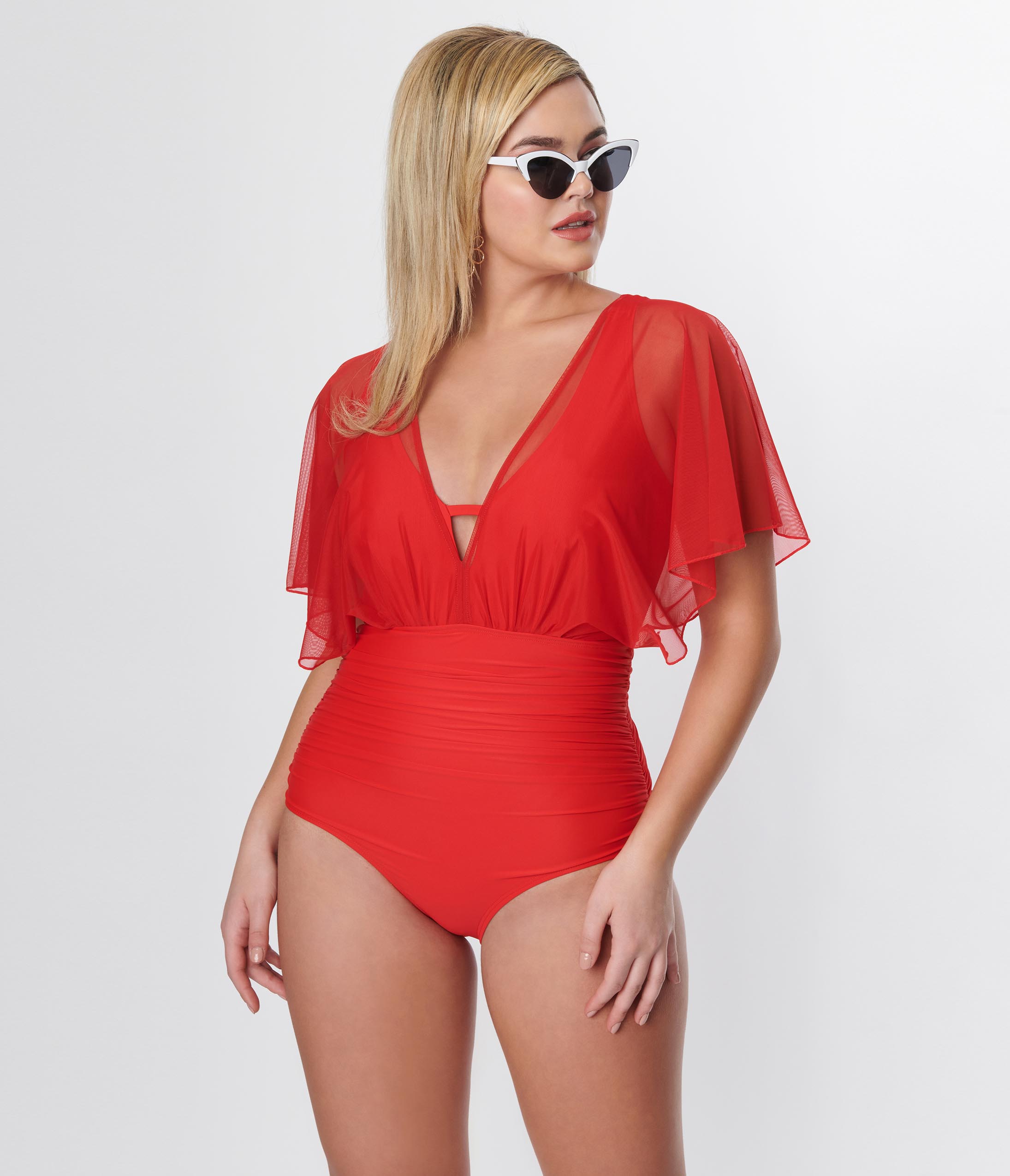 Unique Vintage Red Mesh Sleeved Torrey Swimsuit