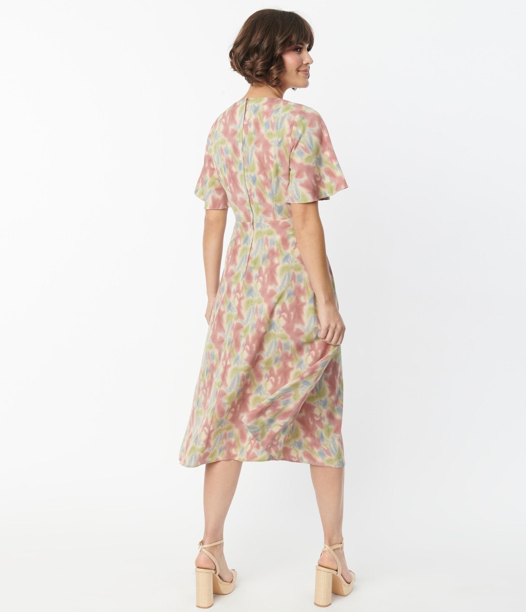 Pink & Blue Watercolor Pattern Festival Midi Dress