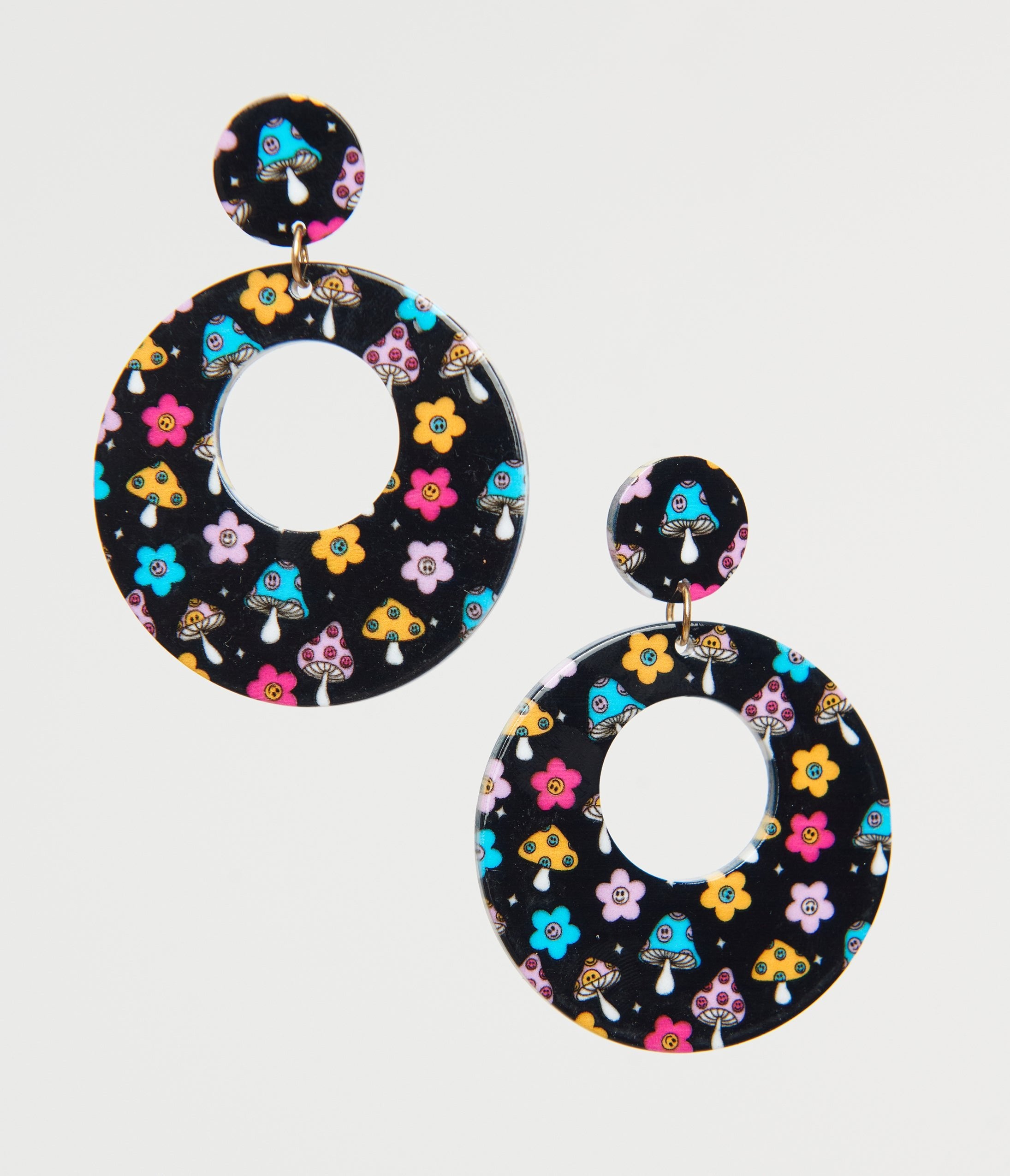 1970s Black Mushroom & Floral Print Hoop Earrings