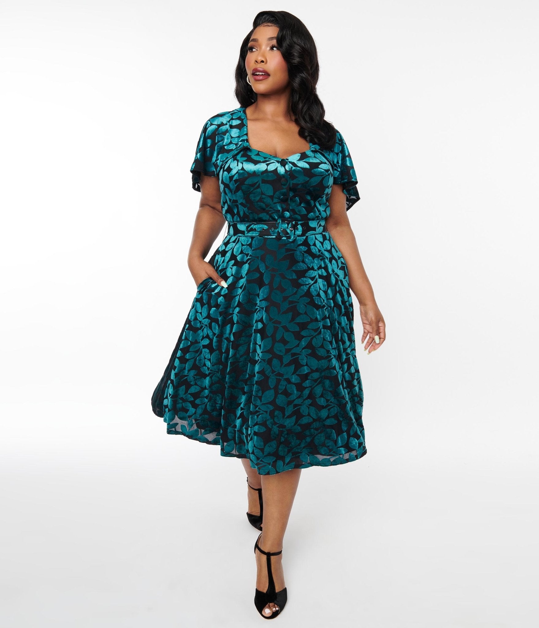 Unique Vintage Plus Size 1950s Teal & Black Velvet Burnout Capelet Swing Dress