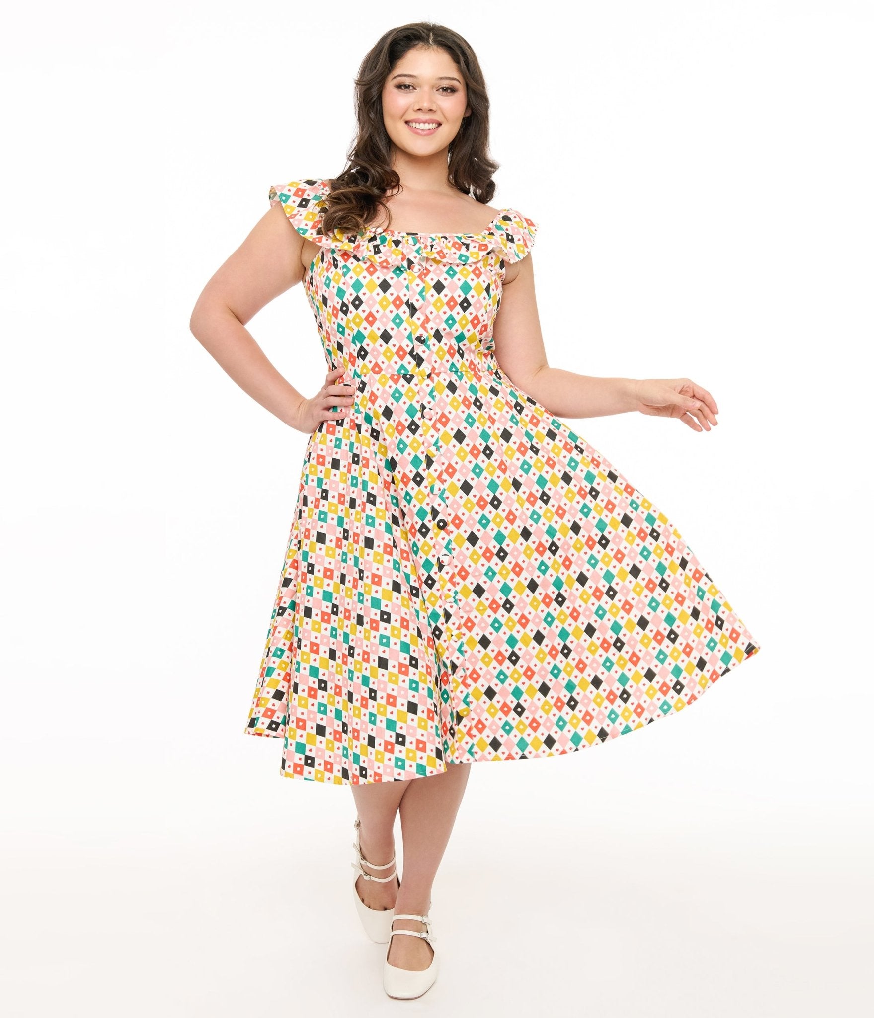 Magnolia Place Plus Size 1950s Multicolor Diamond Print Barbara Swing Dress