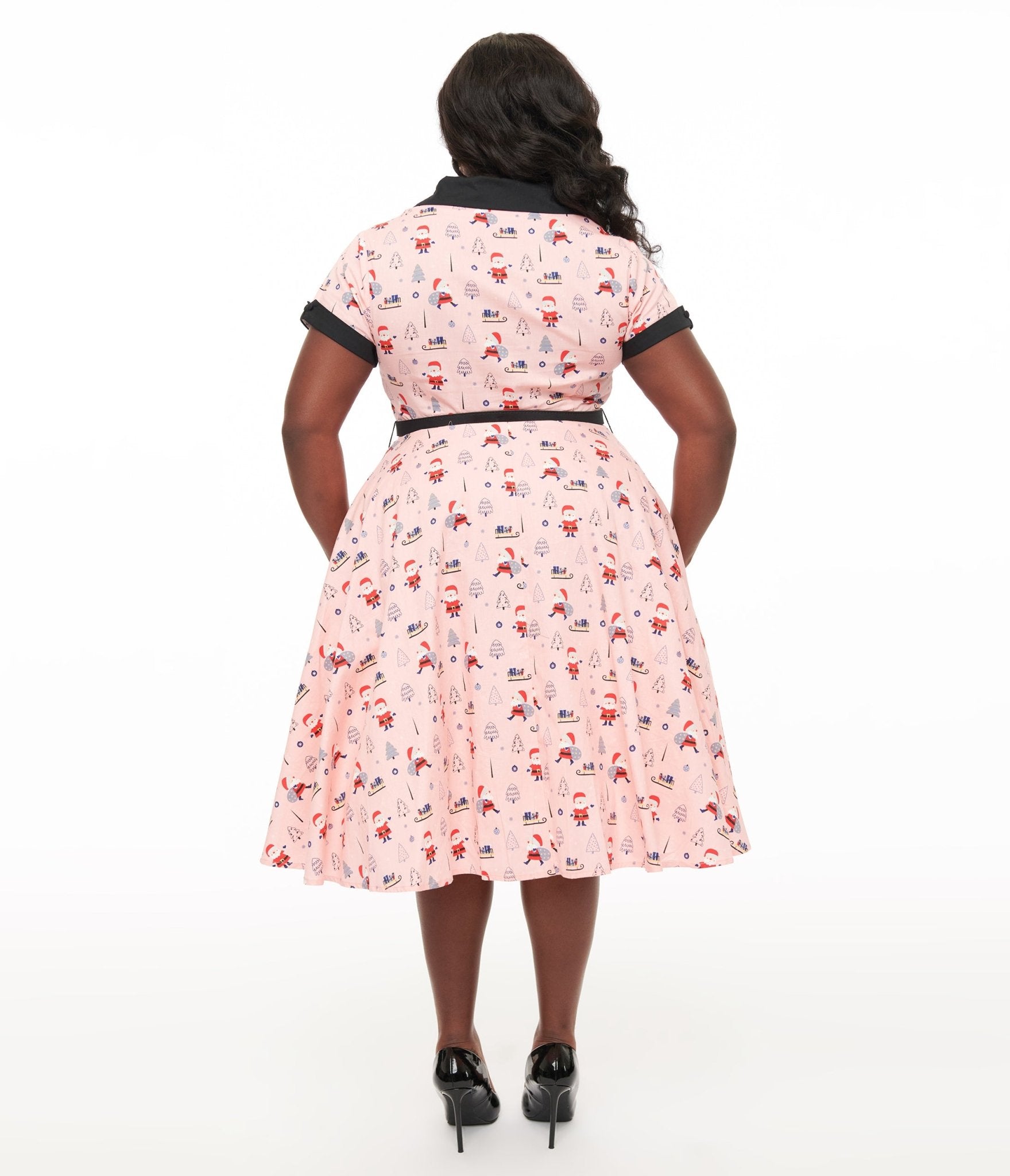 Unique Vintage Plus Size 1950s Santa Print Alexis Swing Dress