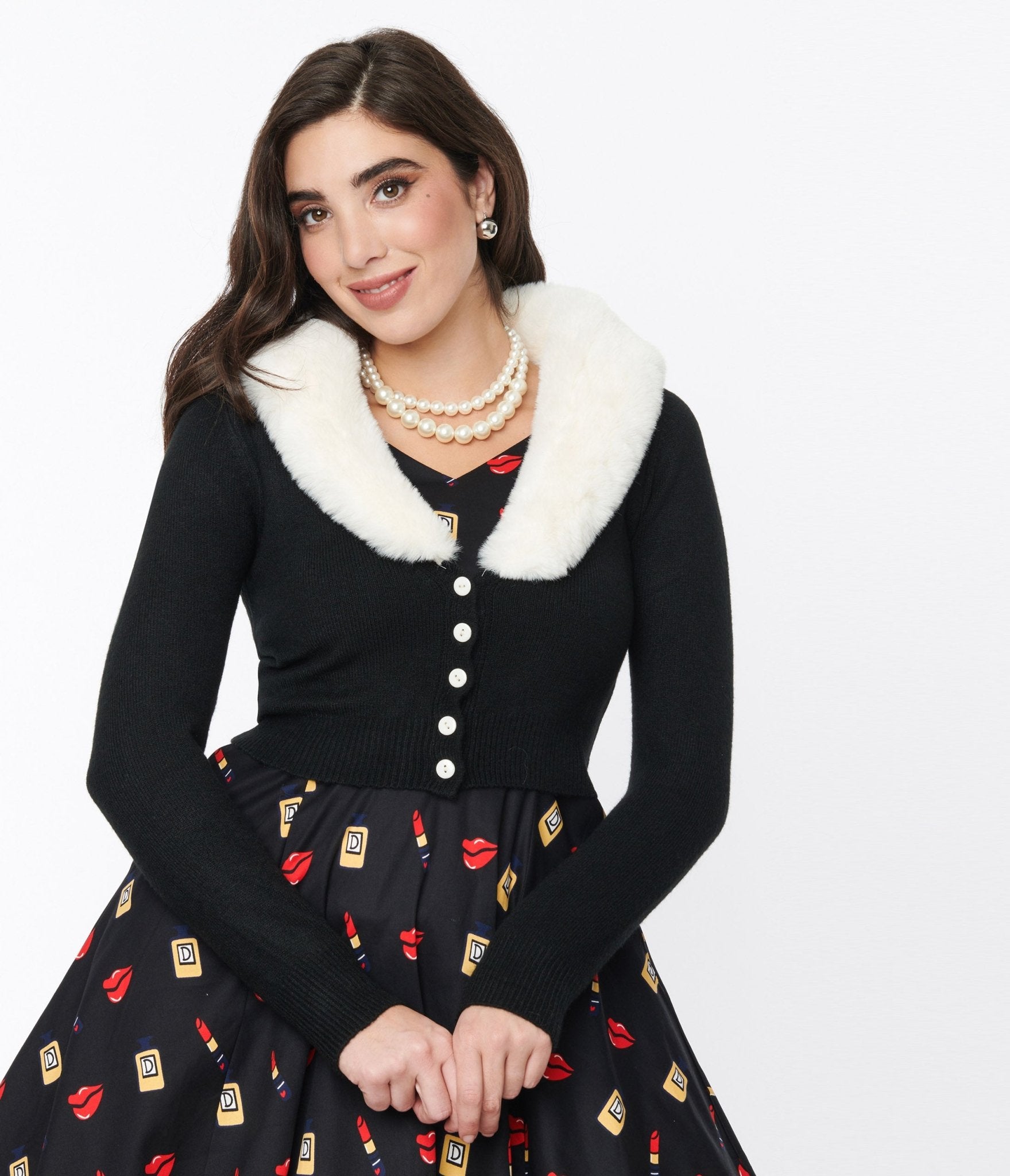 Voodoo Vixen Black Faux Fur Collar Cropped Cardigan