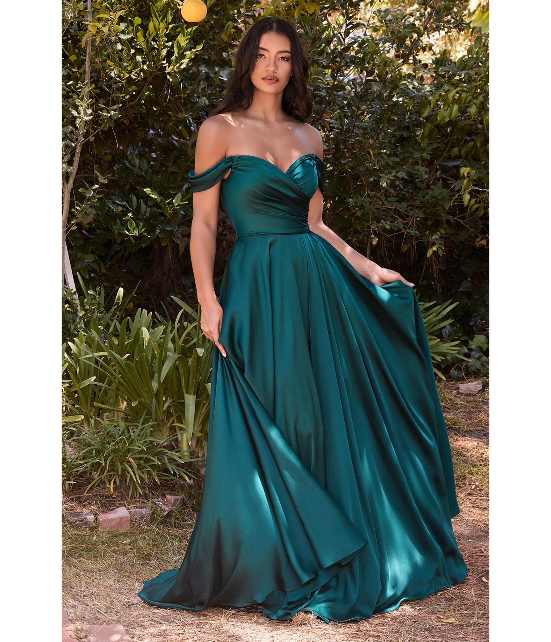 Ladivine by Cinderella Divine Emerald Satin Off The Shoulder Bridesmaid Gown