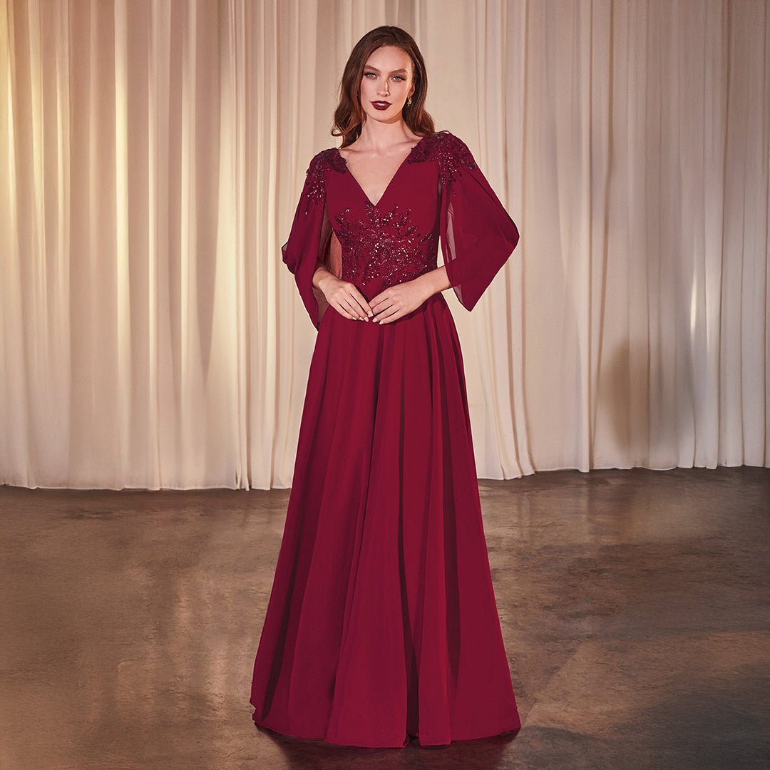 Ladivine by Cinderella Divine Burgundy Chiffon Split Sleeve Prom Gown