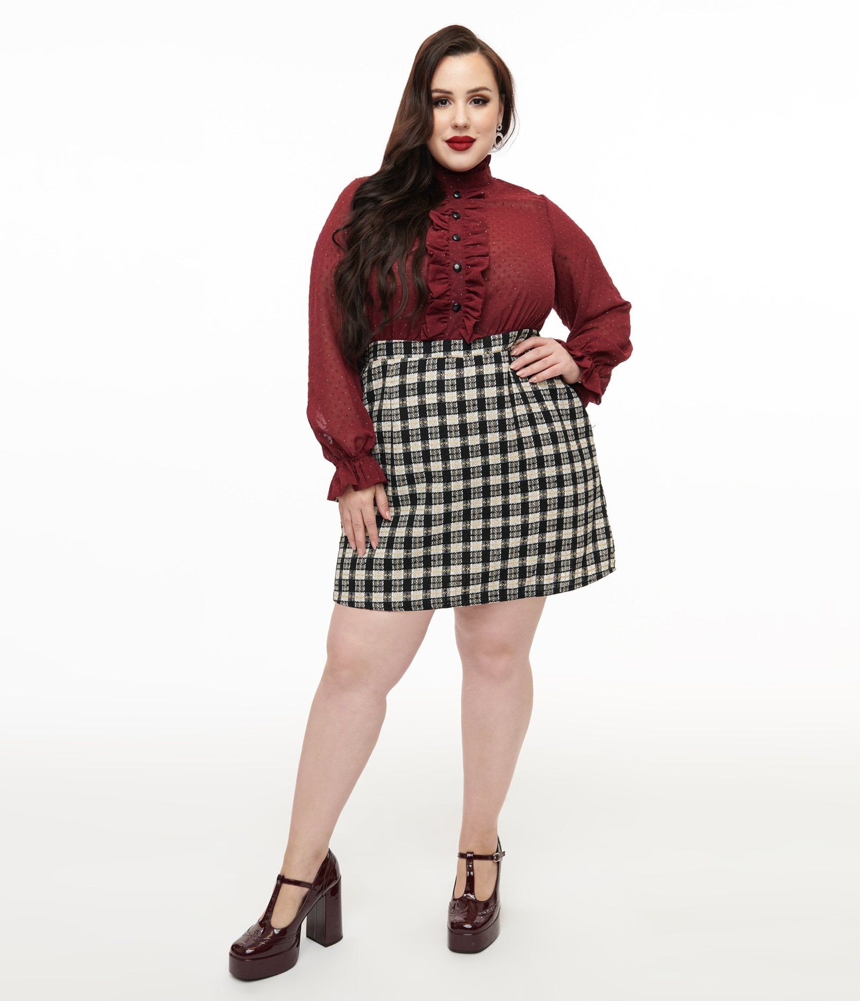 Smak Parlour Plus Size 1960s Burgundy & Plaid Ruffle Neck Empire A-Line Dress