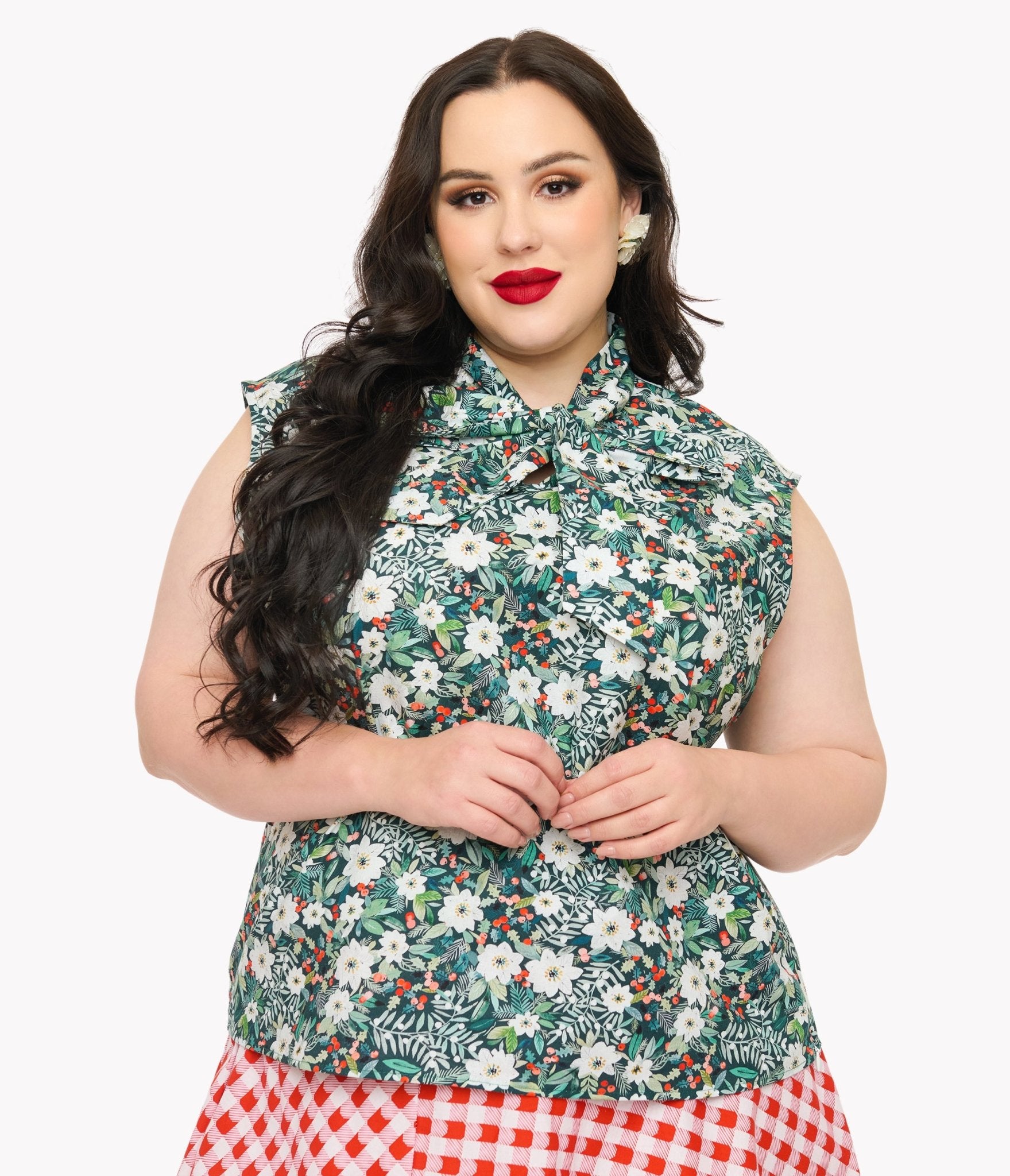 Retrolicious Plus Size 1950s Winter Floral Cotton Bow Top