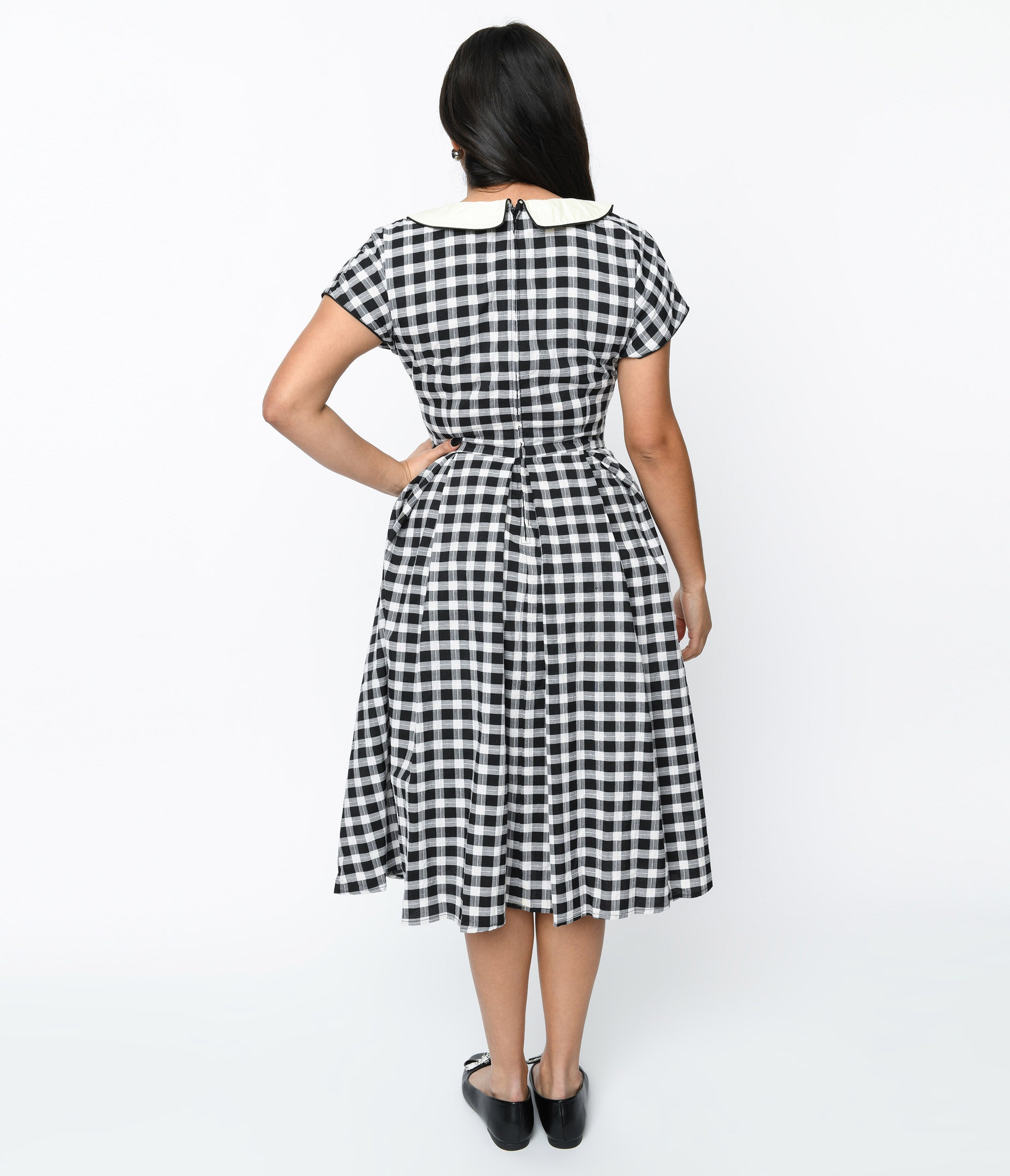 Unique Vintage 1950s White & Black Gingham Swing Dress