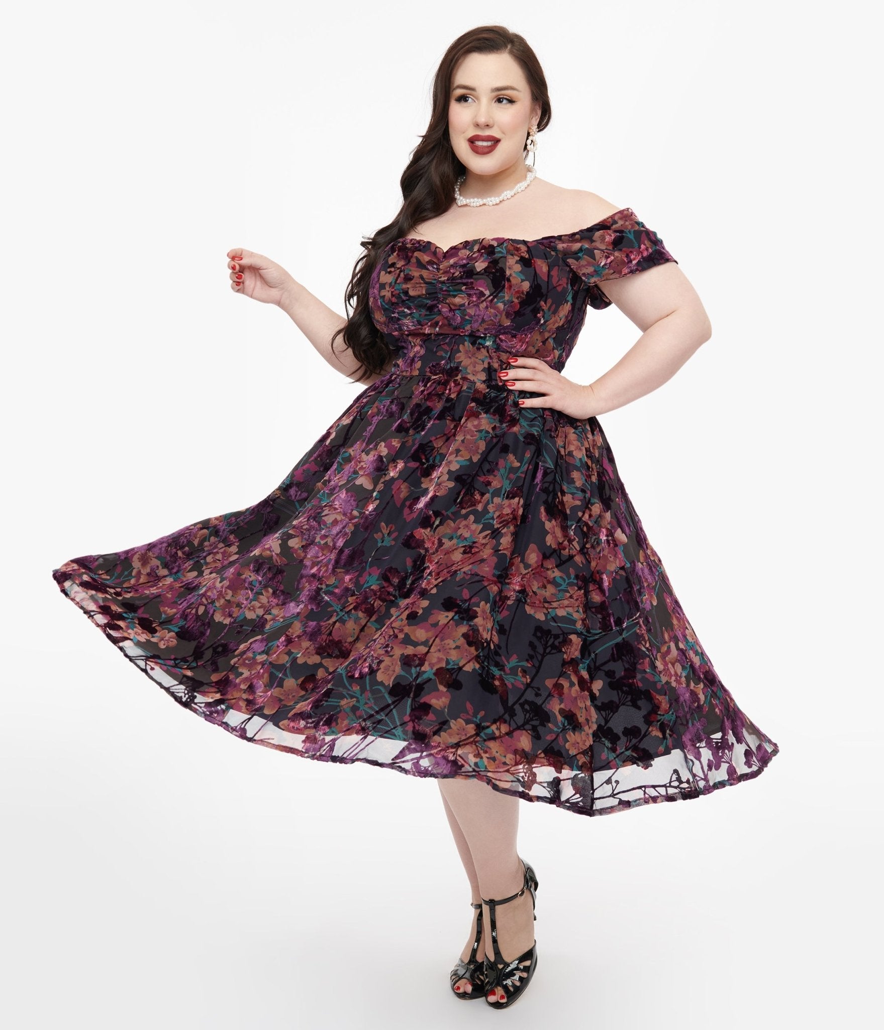 Unique Vintage Plus Size 1950s Purple Floral Velvet Burnout Off Shoulder Flare Dress