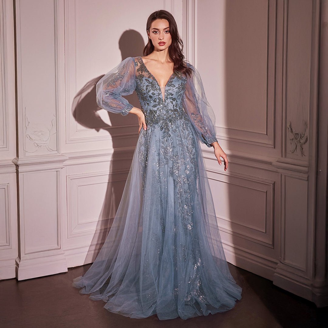 Ladivine by Cinderella Divine Smoky Blue Beaded Long Sleeve A-Line Prom Dress