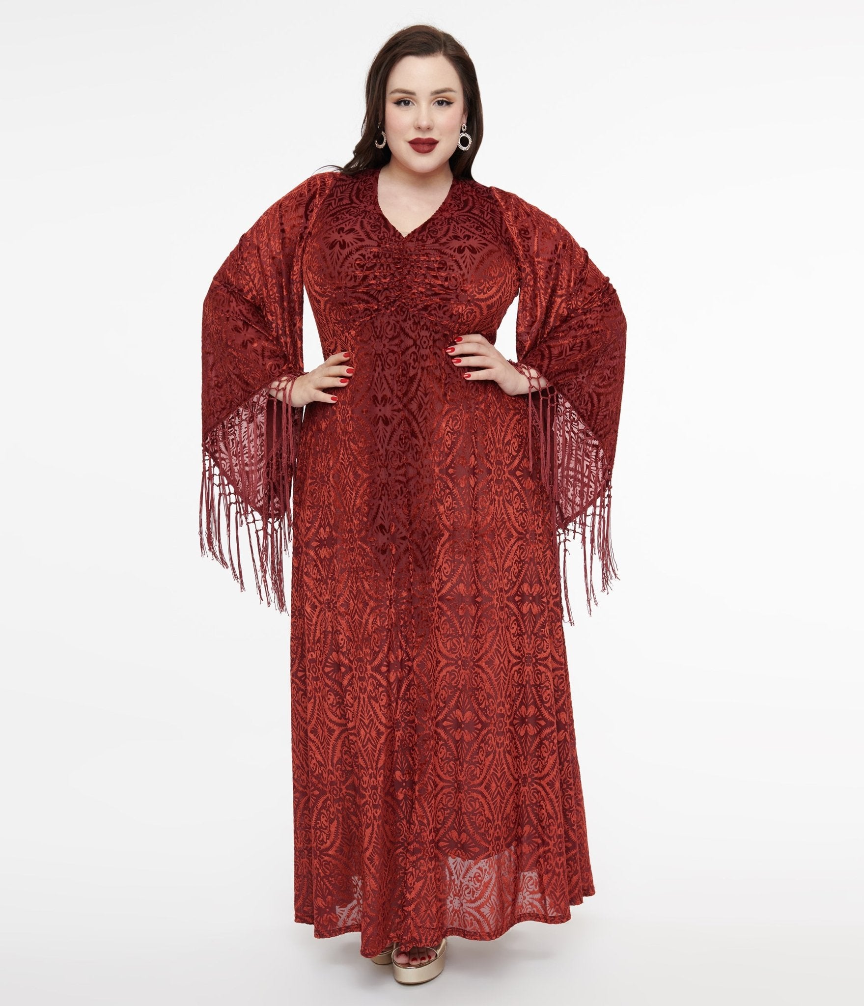 Smak Parlour Plus Size 1970s Burgundy Velvet Burnout Fringe Sleeve Maxi Dress