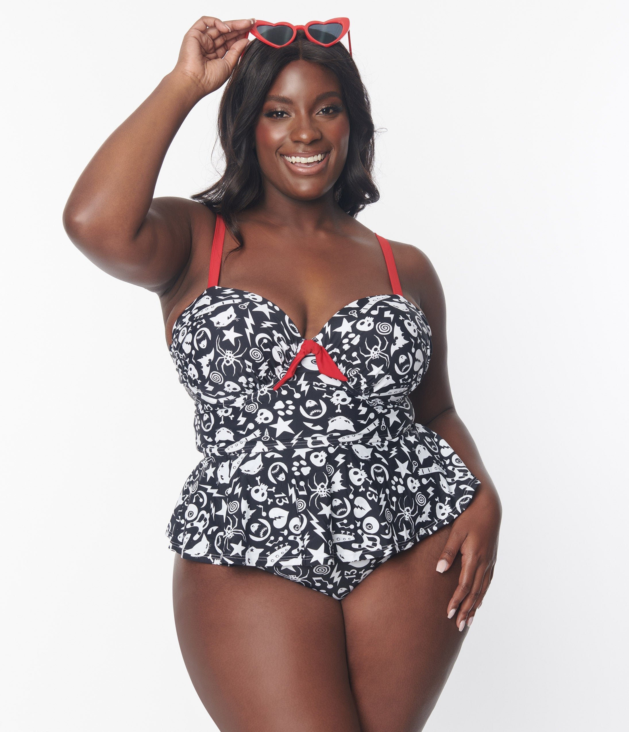 Emily The Strange x Unique Vintage Plus Size Black & White Tankini Swim Top