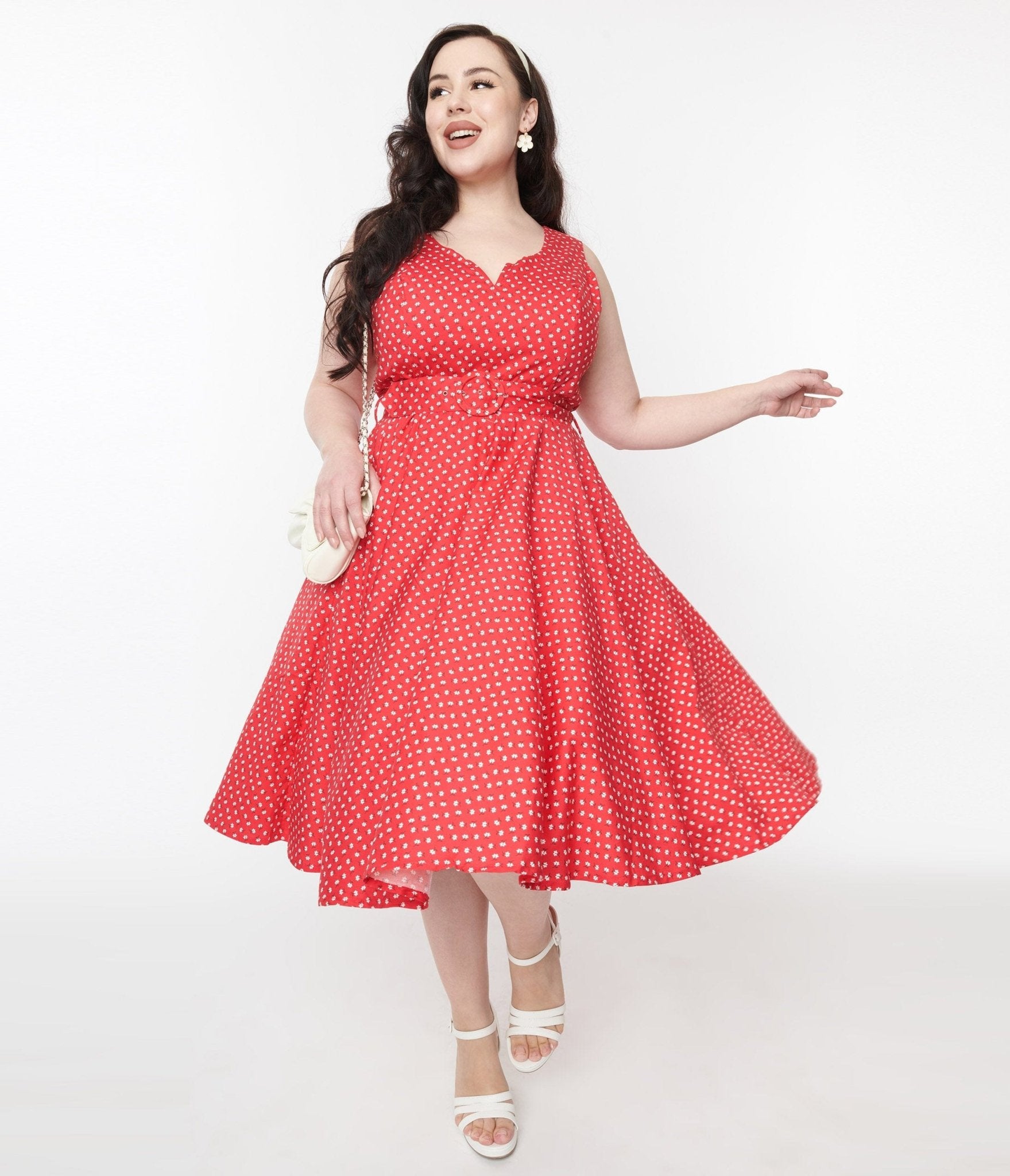 Red & White Floral Dot Belted Swing Dress