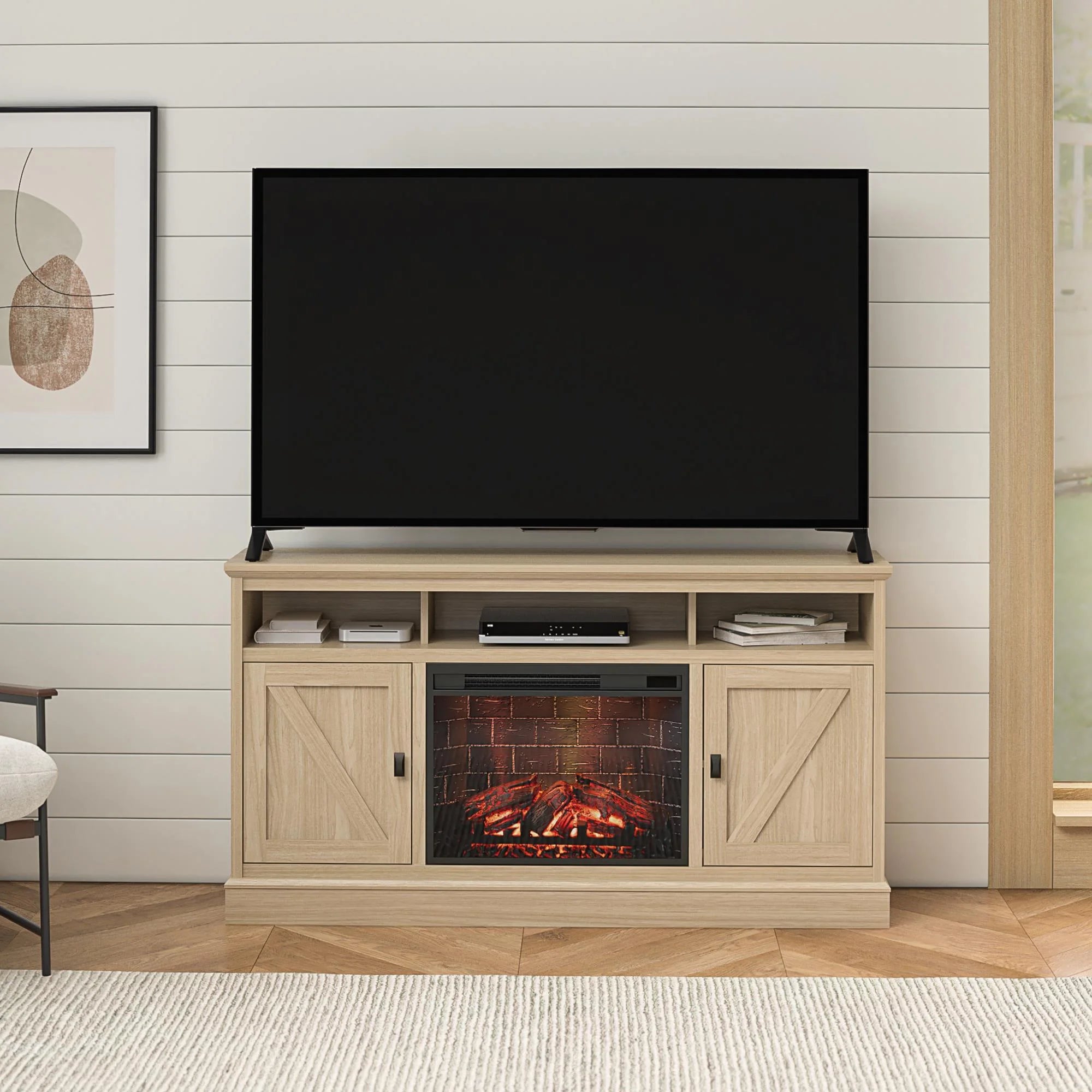 Ameriwood Home 1674947WCOM Ashton Lane Fireplace TV Stand, Spring Pine