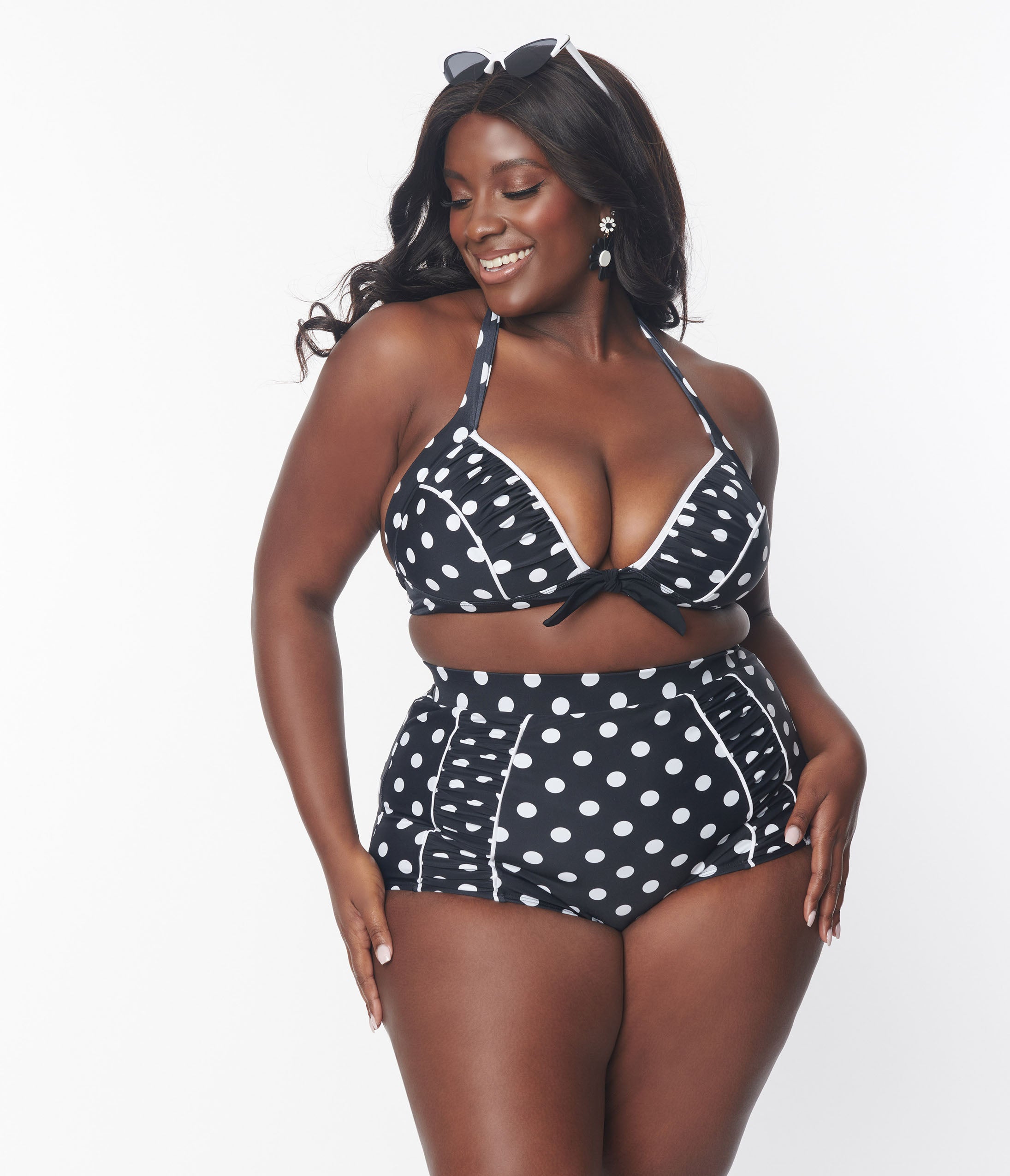 Unique Vintage Plus Size Black & White Polka Dot Ruched Swim Bottom