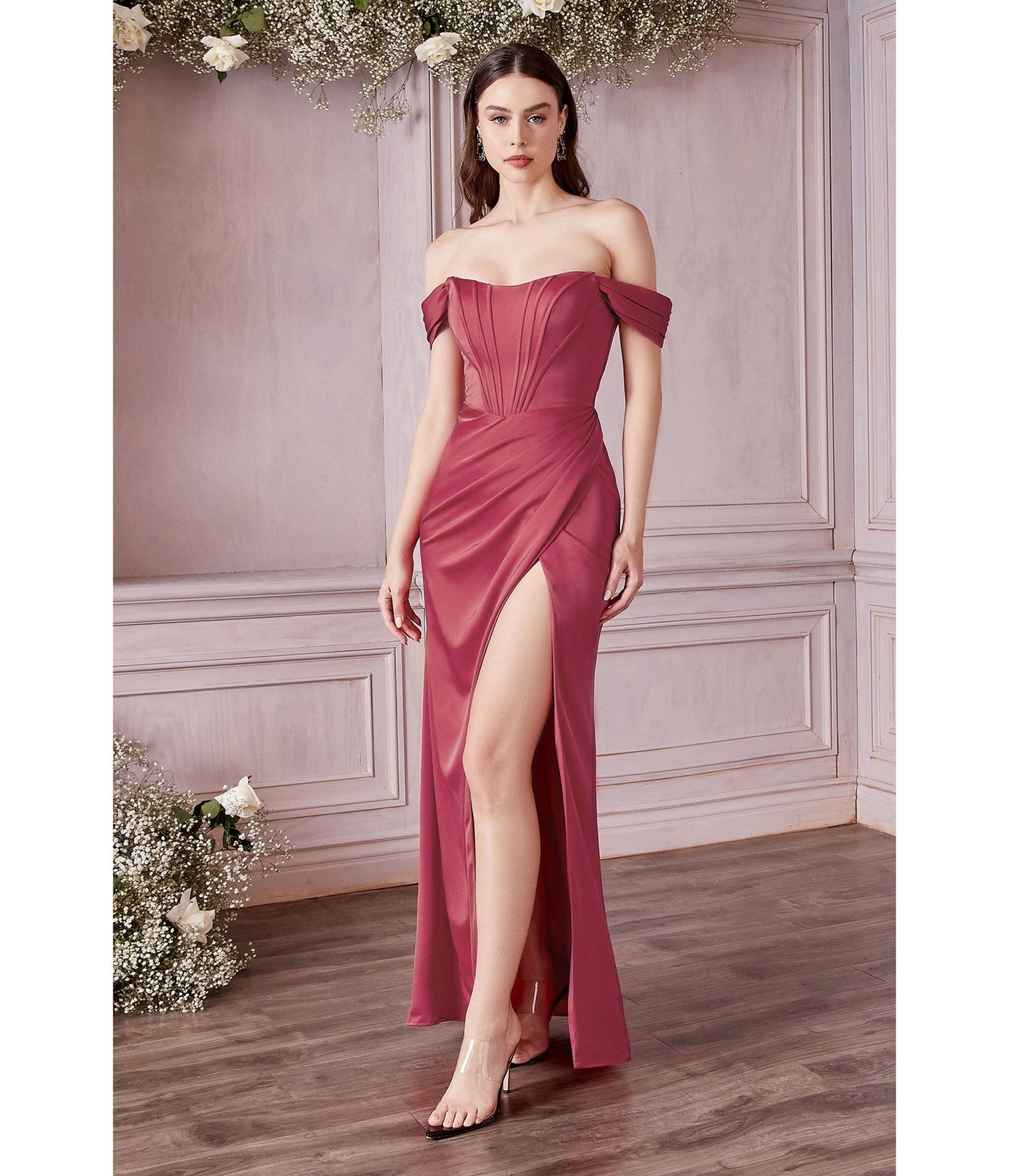 Ladivine by Cinderella Divine Lipstick Divine Satin Corset Off-Shoulder Prom Dress