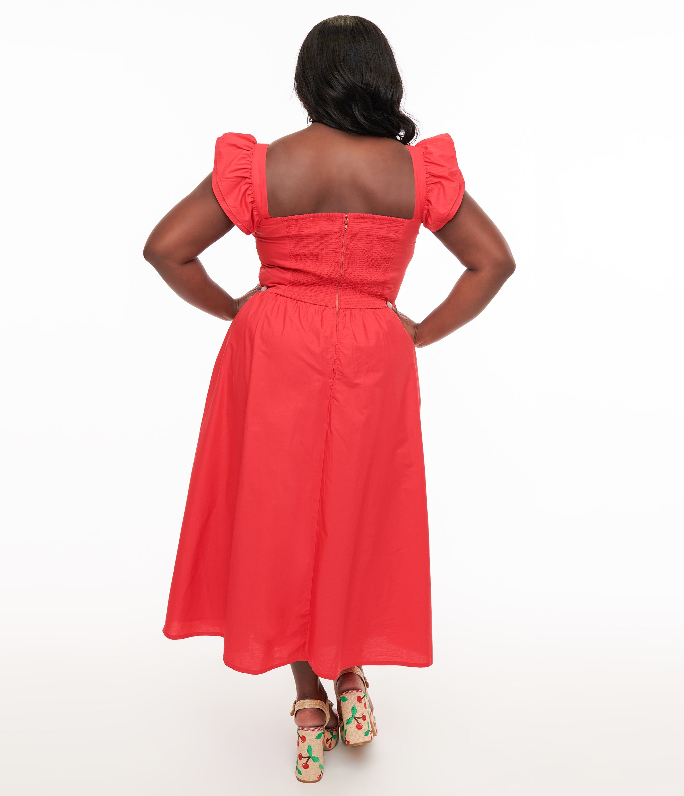 Plus Size Y2K Red Flutter Sleeve Poplin Midi Dress