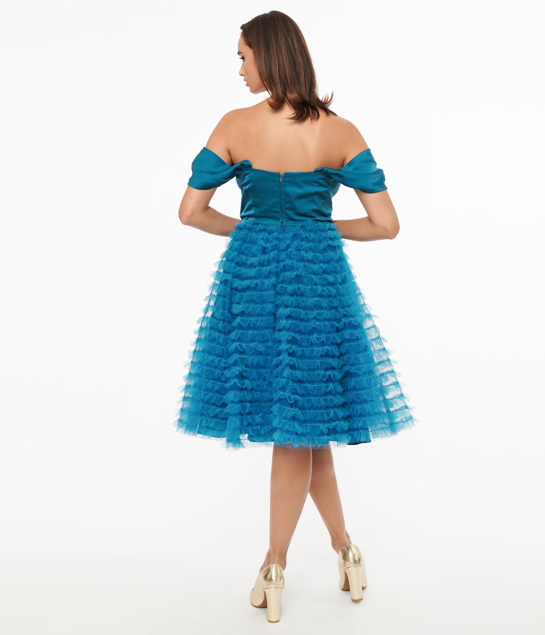 Unique Vintage 1950s Teal Mesh Tulle Off The Shoulder Swing Dress