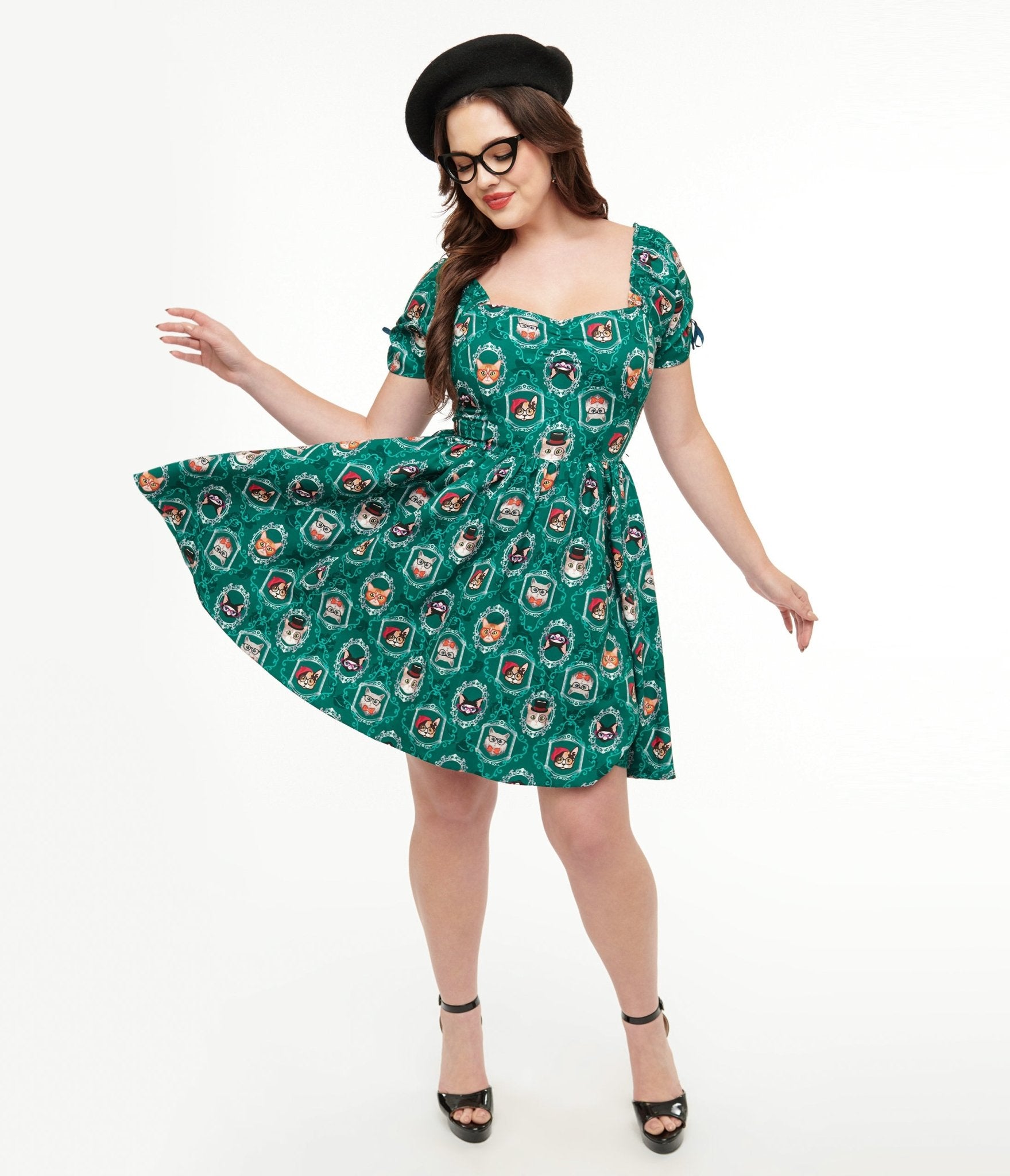 Unique Vintage 1950s Teal Cat Print Swing Dress